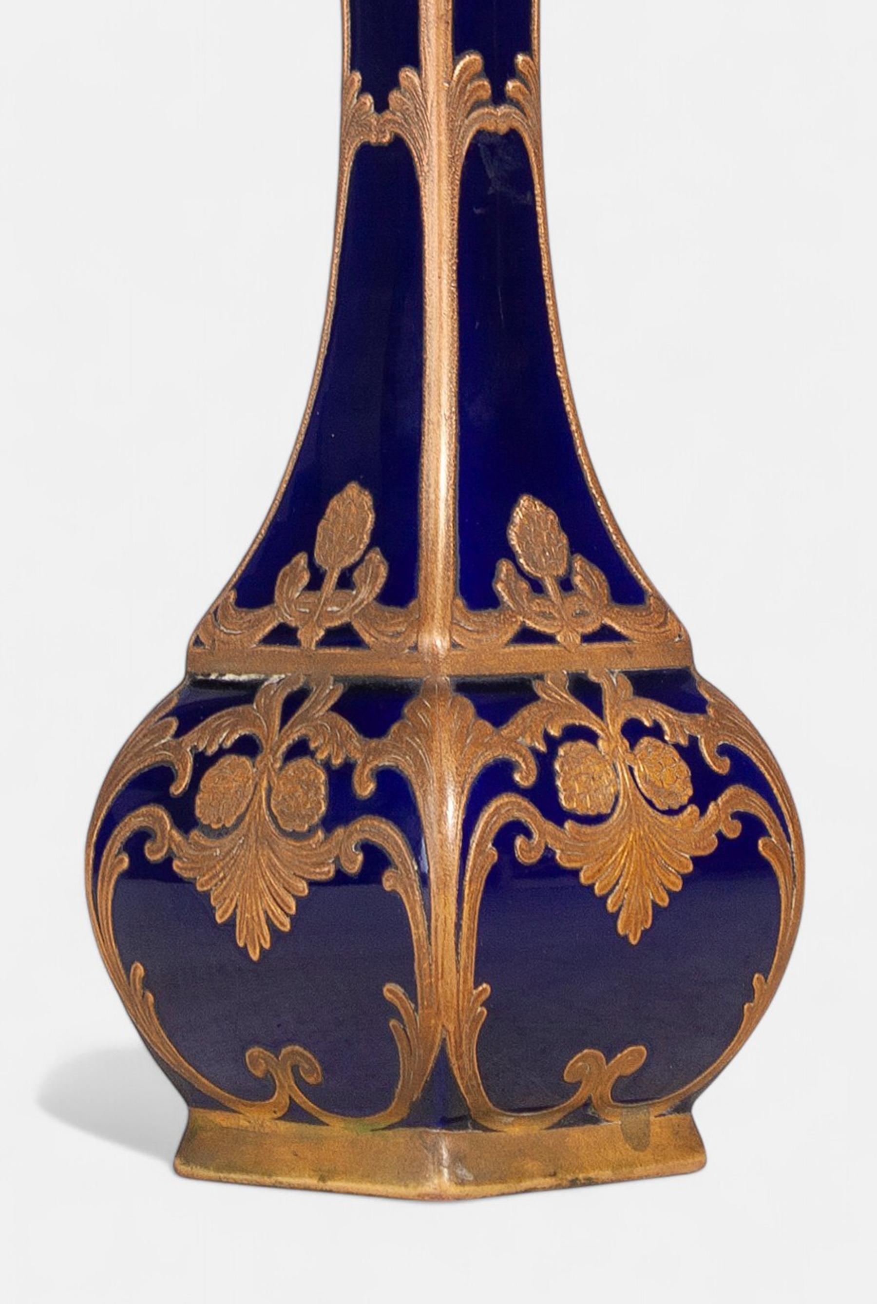 20th Century Art Nouveau Enameled and Gilt Blue Sèvres Porcelain Vase by Paul Milet, France For Sale