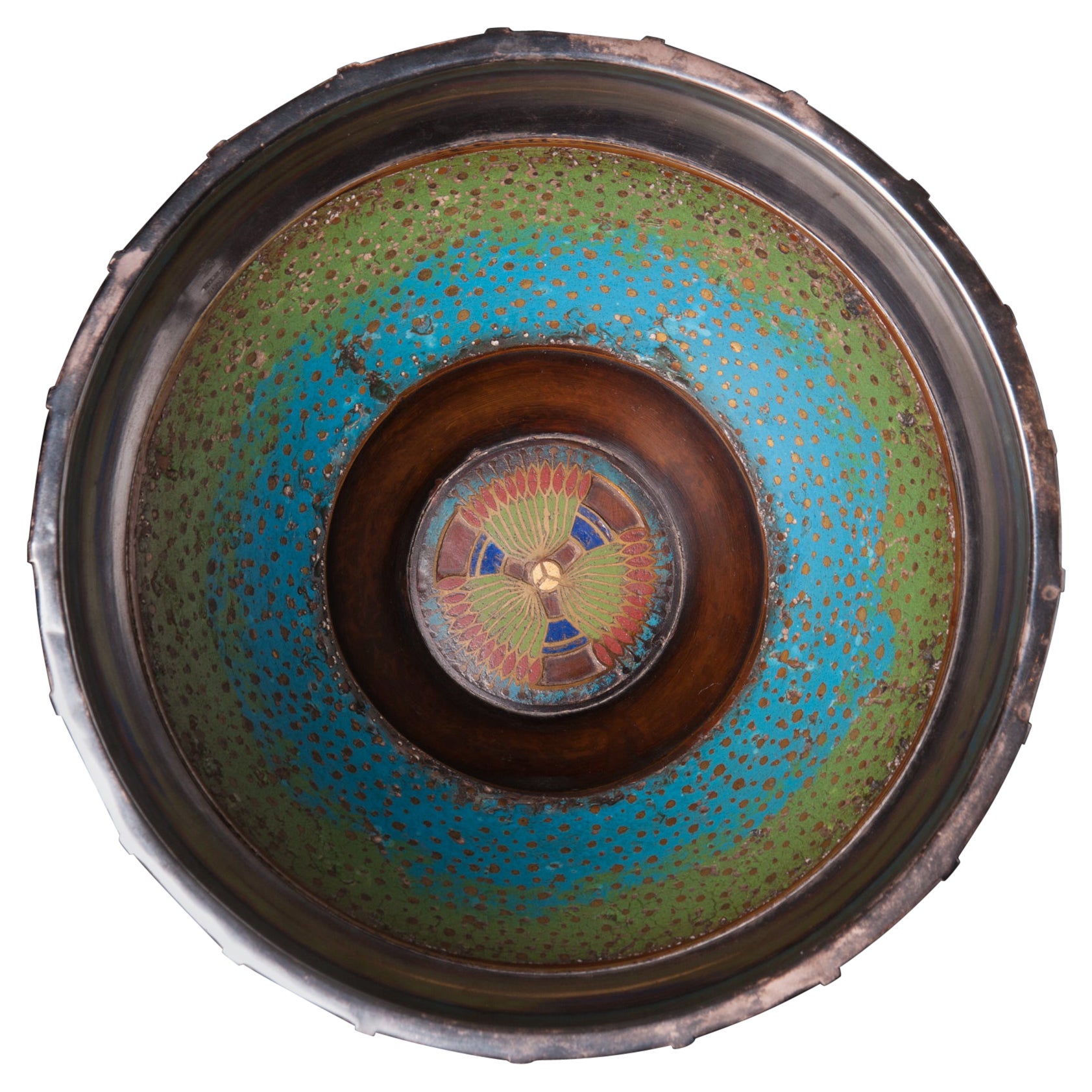 Art Nouveau Enameled Bronze Egyptian Lotus Bowl by Ludwig Karl Maria Vierthaler For Sale