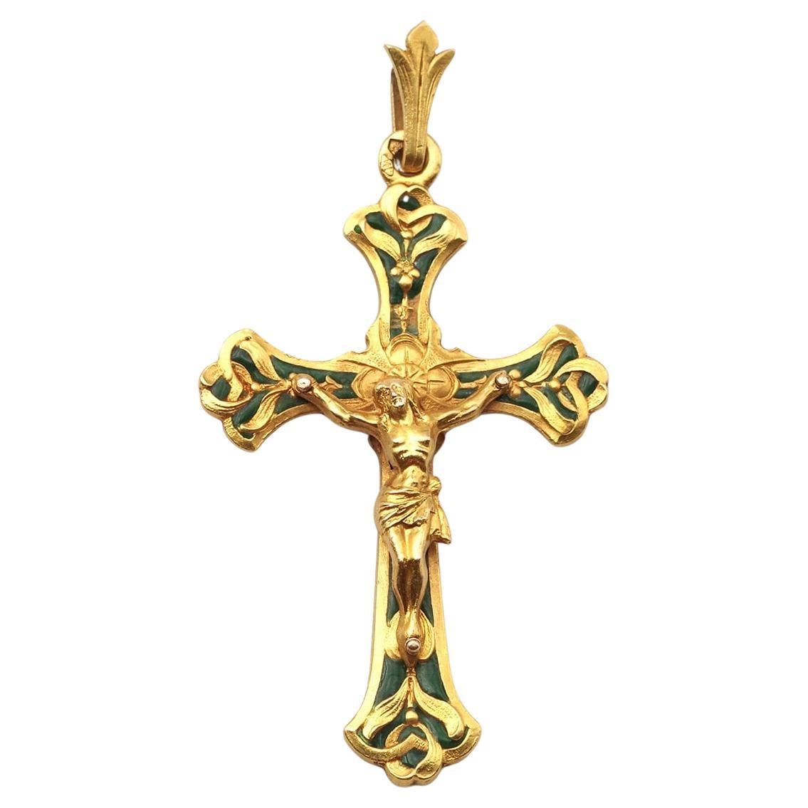 Jugendstil-Kreuzanhänger aus 18 Karat Gold, Mistel, Gold-Emaille