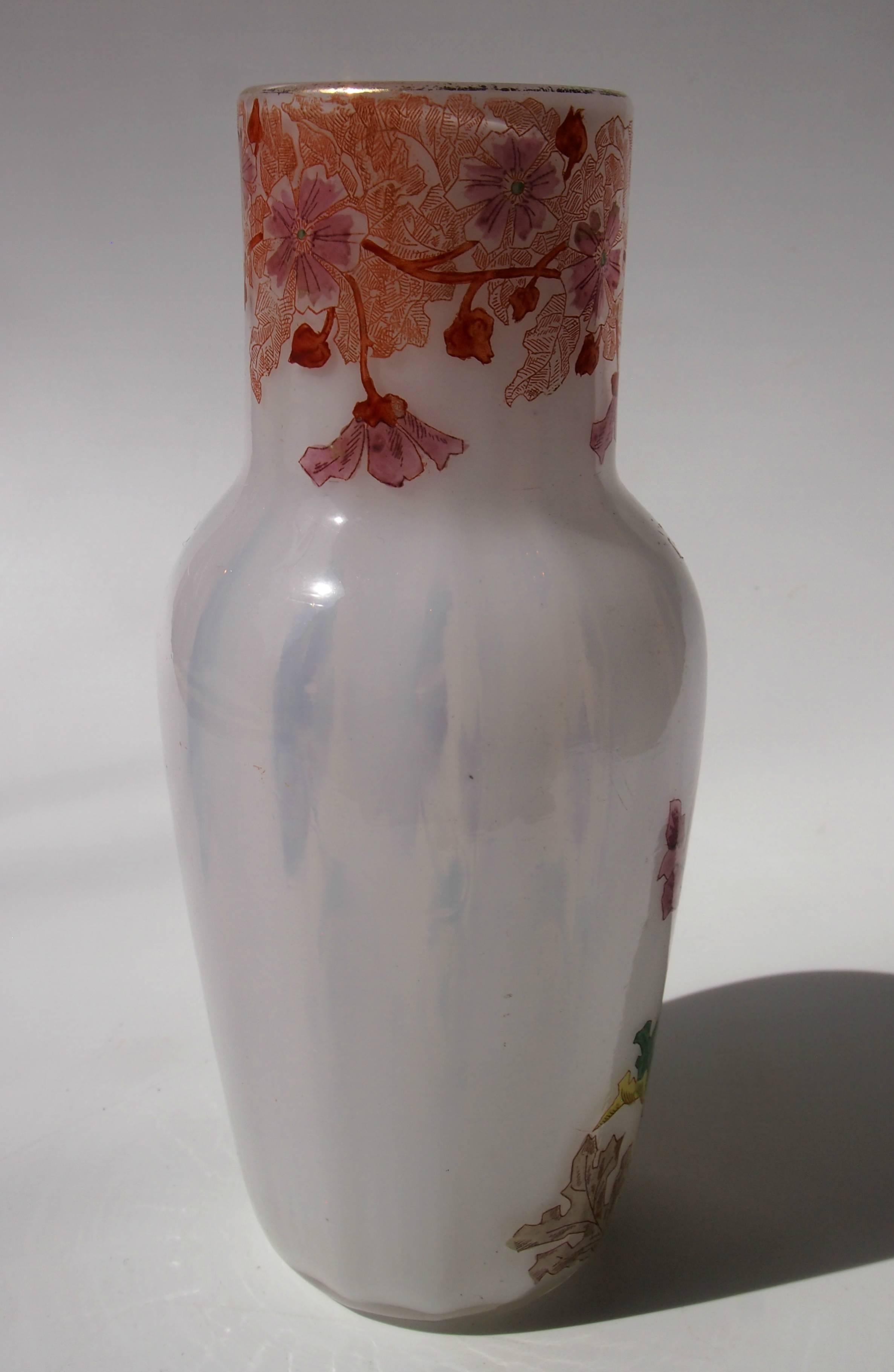 Early 20th Century Art Nouveau French Enameled Opal Legras Glass Vase circa 1900 For Sale