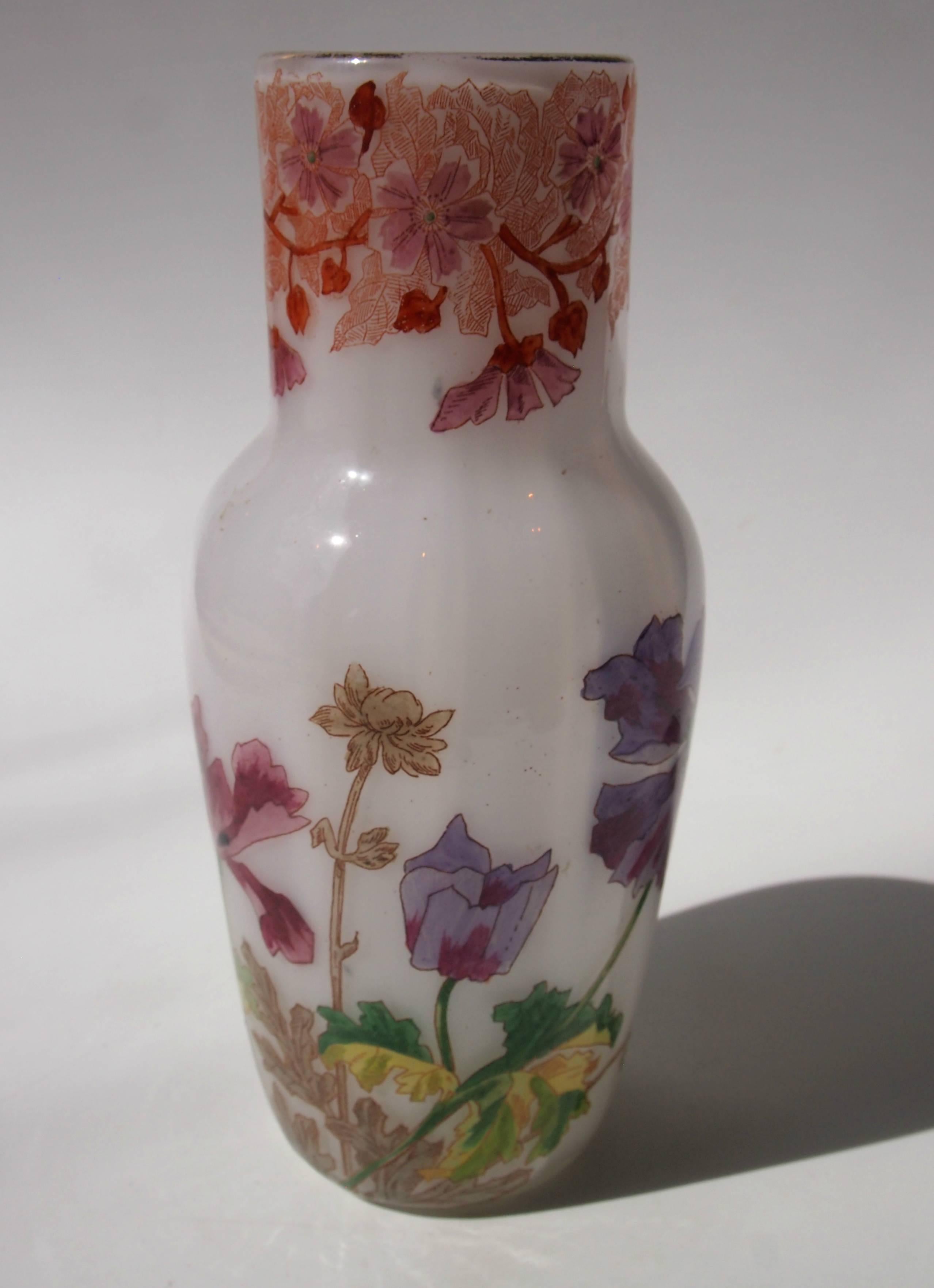 Art Glass Art Nouveau French Enameled Opal Legras Glass Vase circa 1900 For Sale