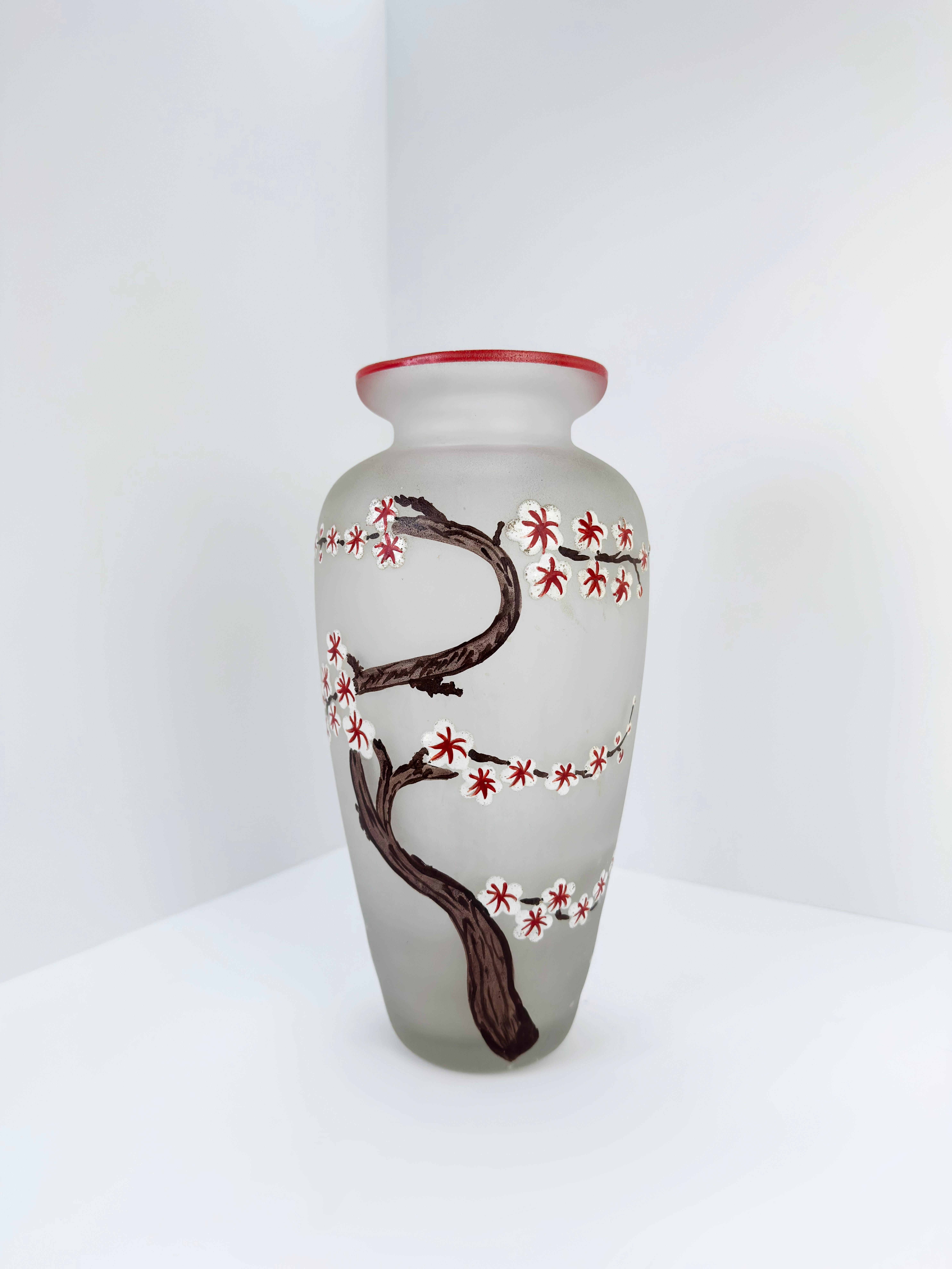 Art Nouveau Enamelled Cherry Blossom Frosted Glass Vase attributed to Legras In Fair Condition For Sale In Glasgow, GB