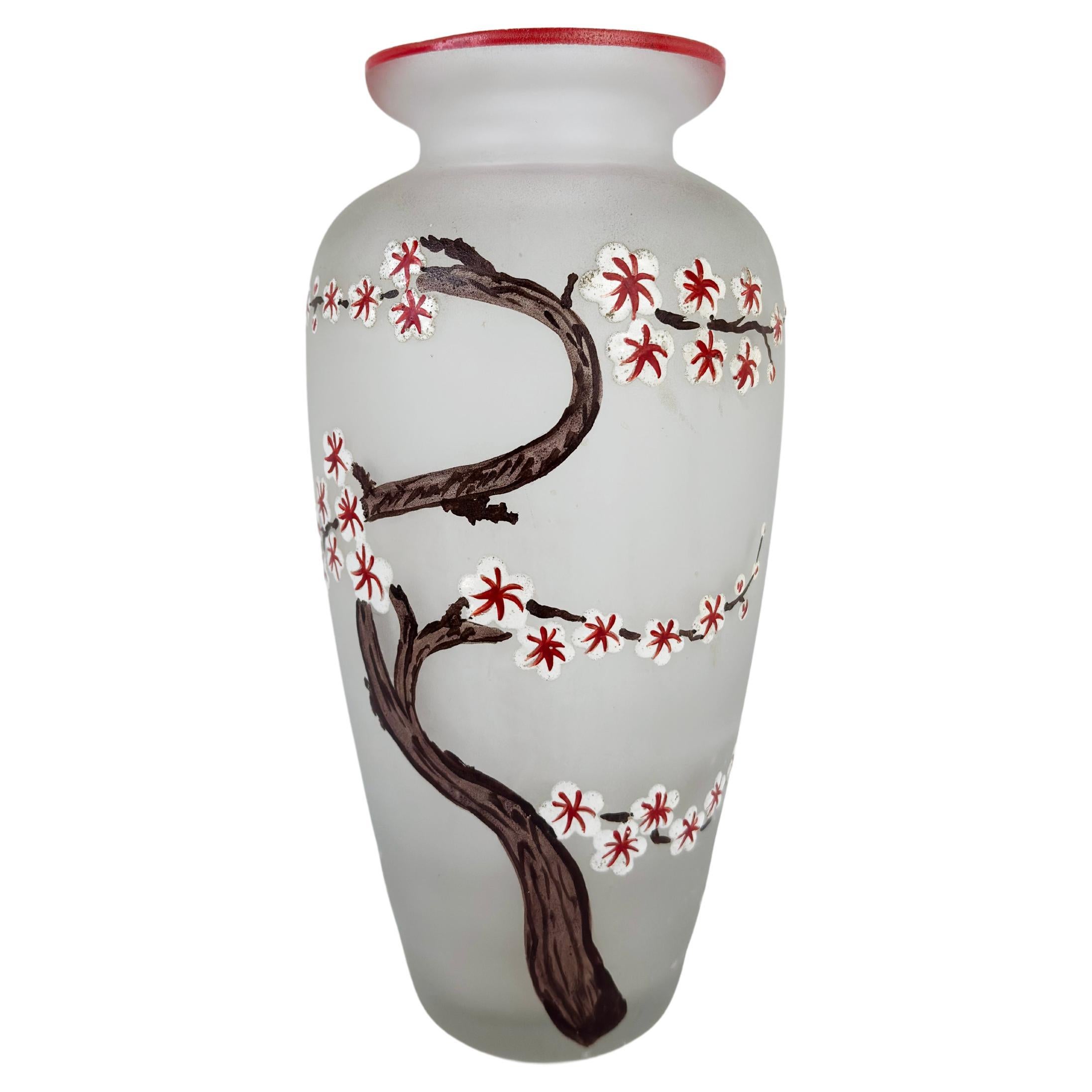 Art Nouveau Enamelled Cherry Blossom Frosted Glass Vase attributed to Legras For Sale