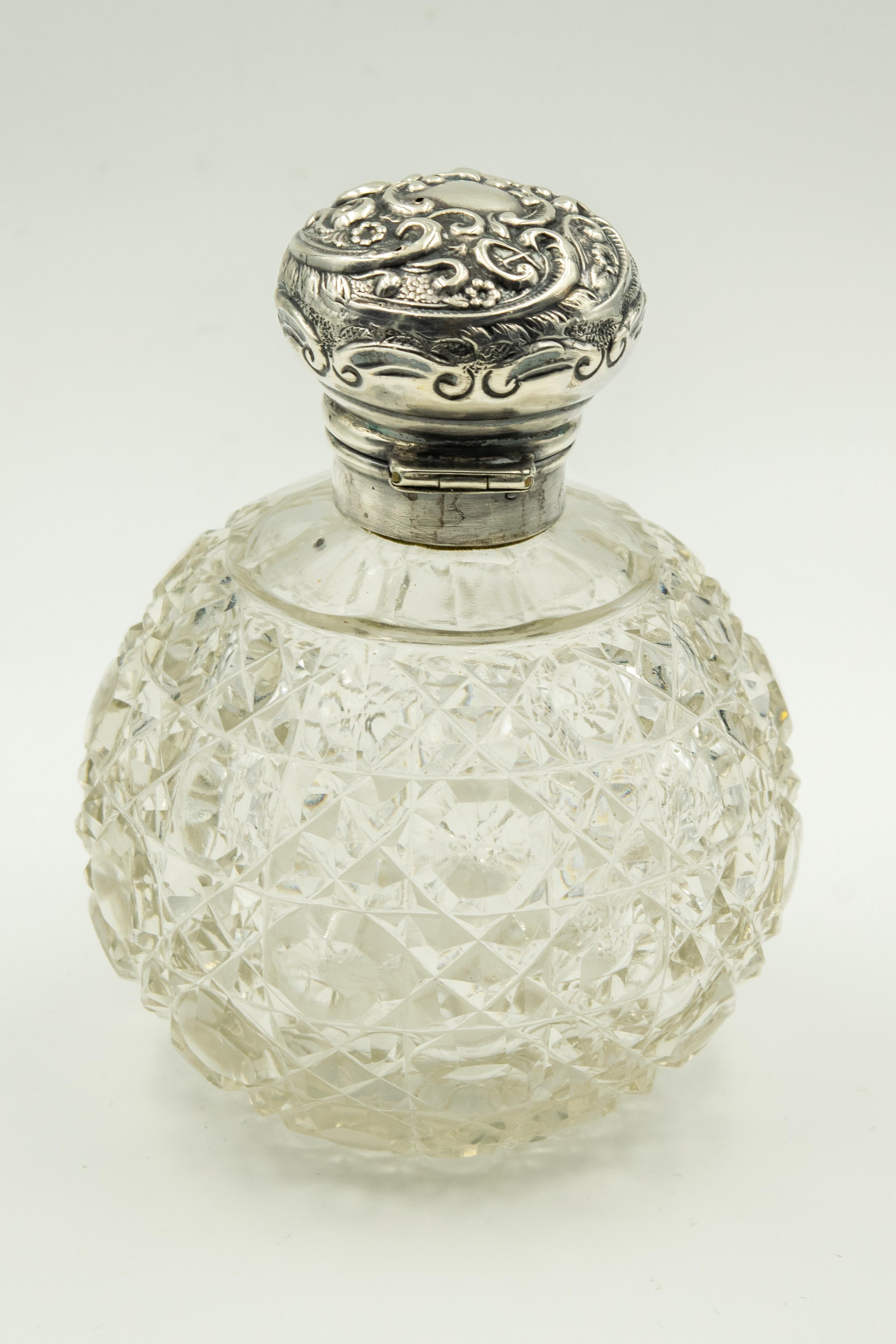 Metalwork Art Nouveau English Floral Repoussé Sterling Cut Crystal Perfume Scent Bottle