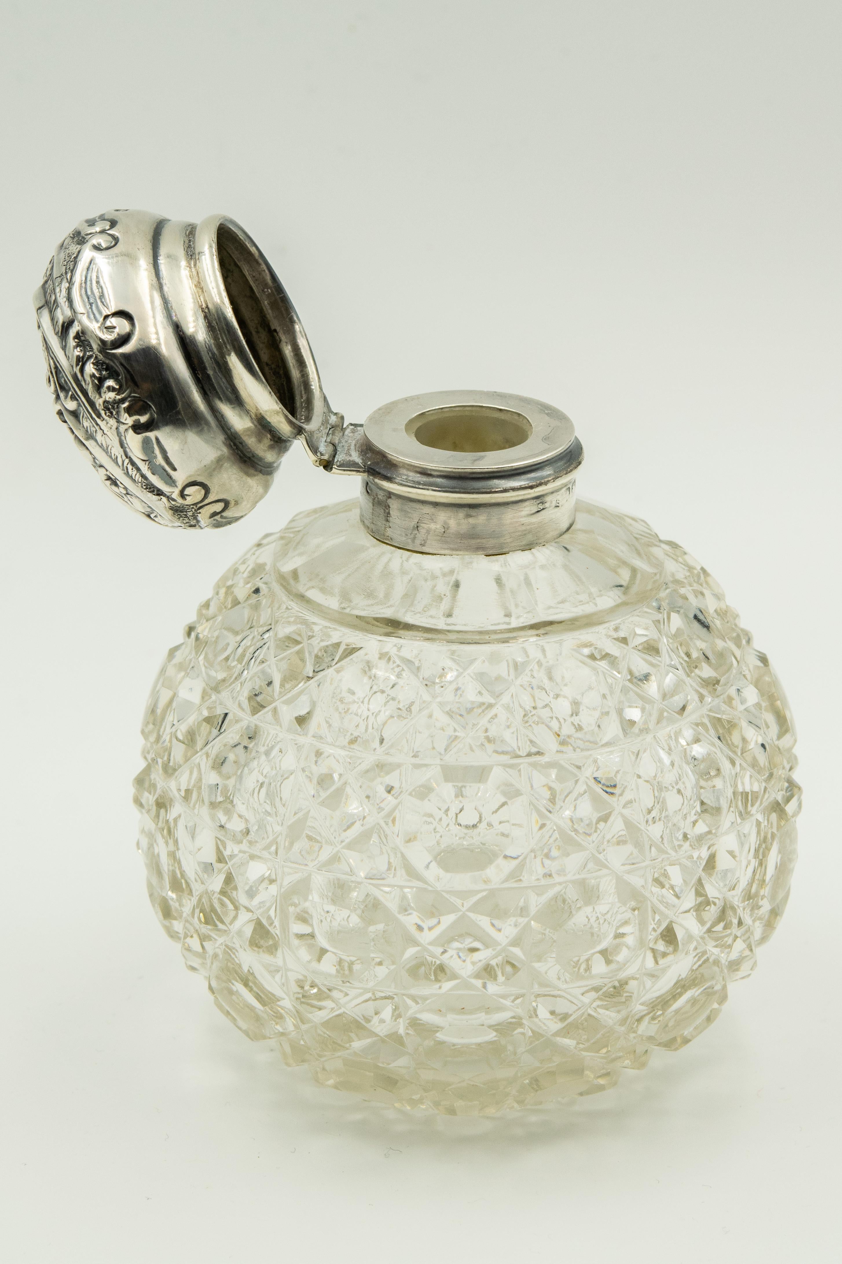 Sterling Silver Art Nouveau English Floral Repoussé Sterling Cut Crystal Perfume Scent Bottle