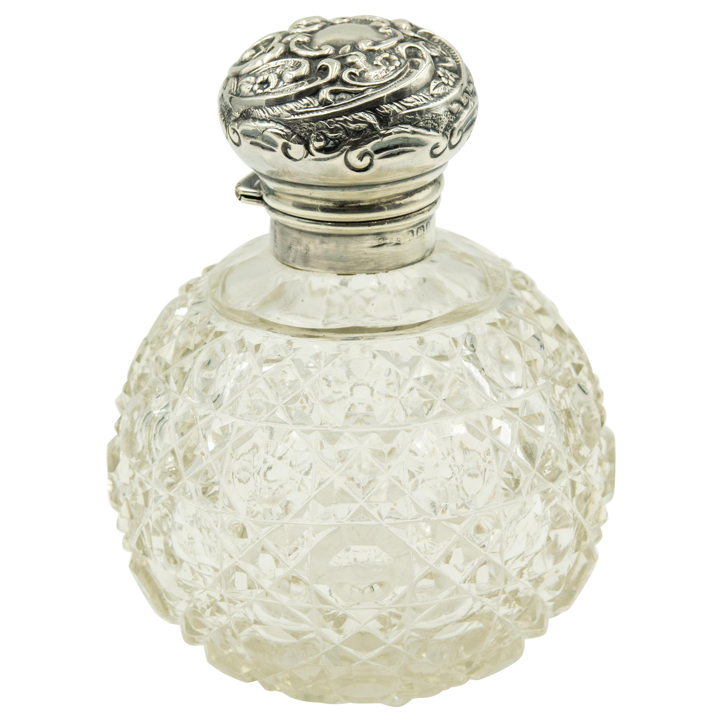 Art Nouveau English Floral Repoussé Sterling Cut Crystal Perfume Scent Bottle