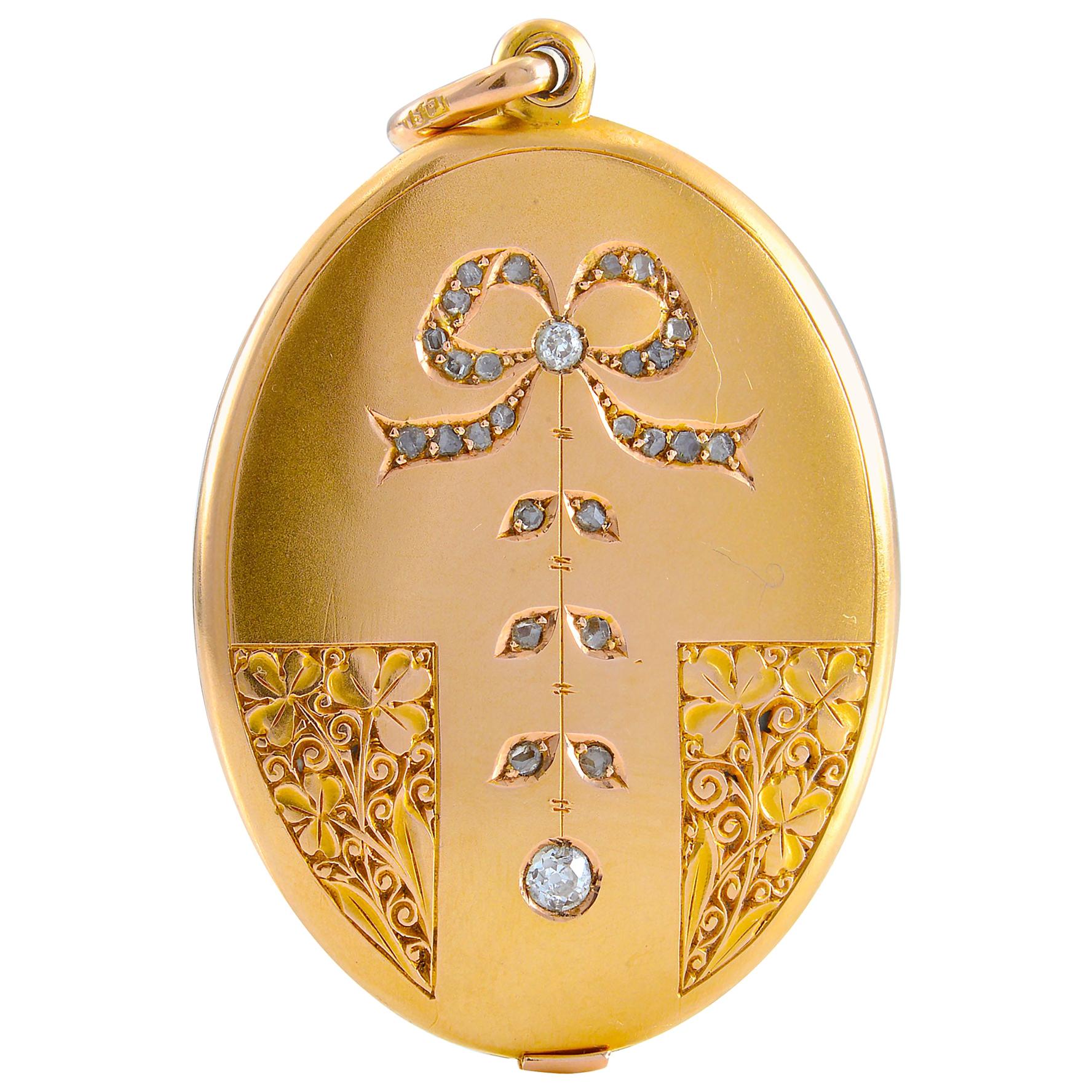 Art Nouveau Engraved and Diamond Set Slider Locket For Sale