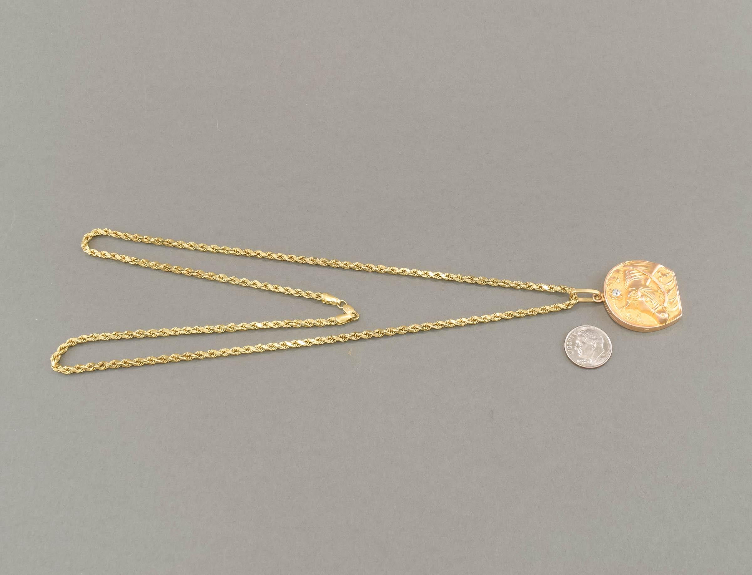Jugendstil Reiterpferd 14K Gold Diamant Hufeisen-Medaillon an Kette 4
