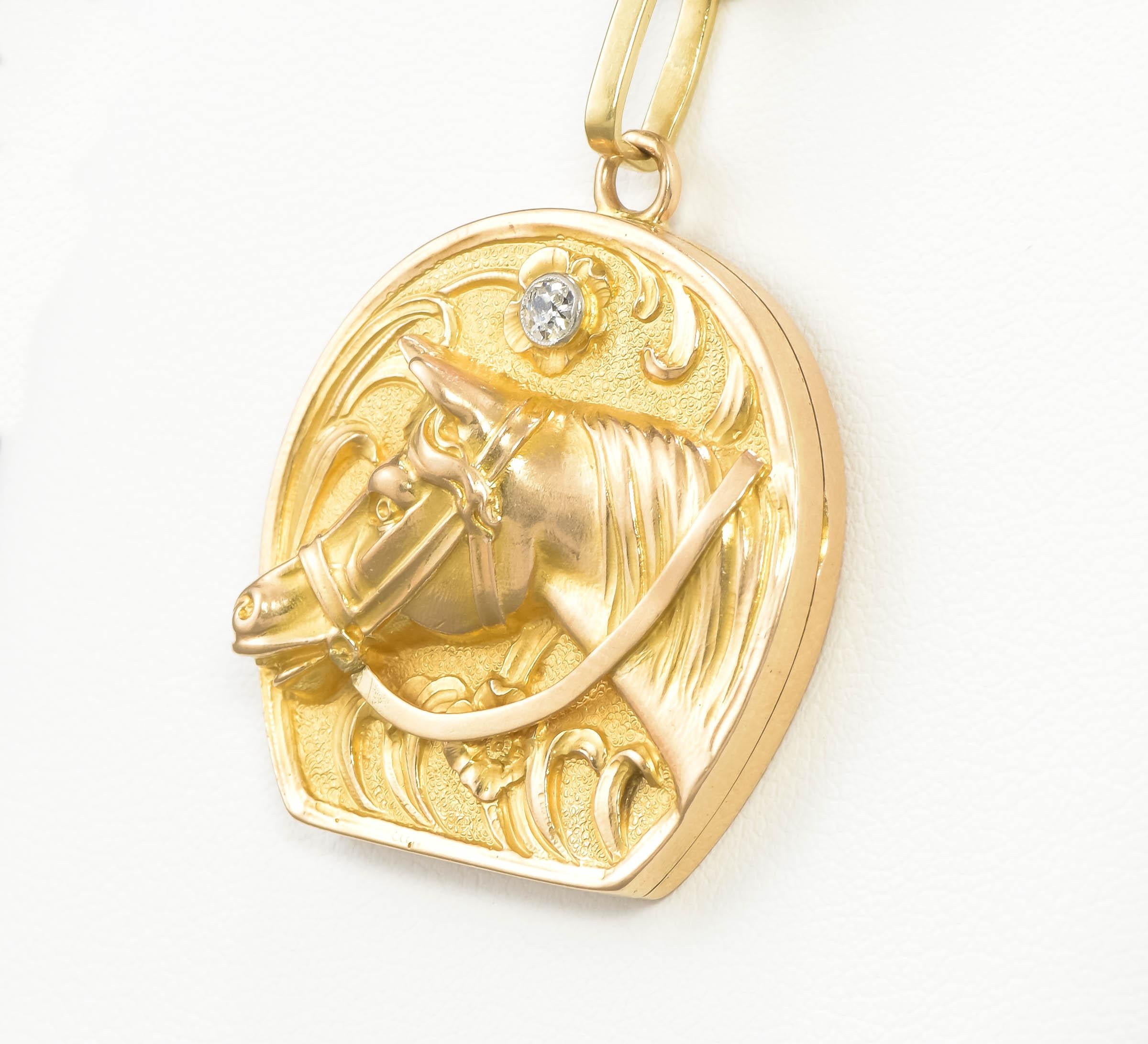 Old European Cut Art Nouveau Equestrian Horse 14K Gold Diamond Horseshoe Locket on Chain