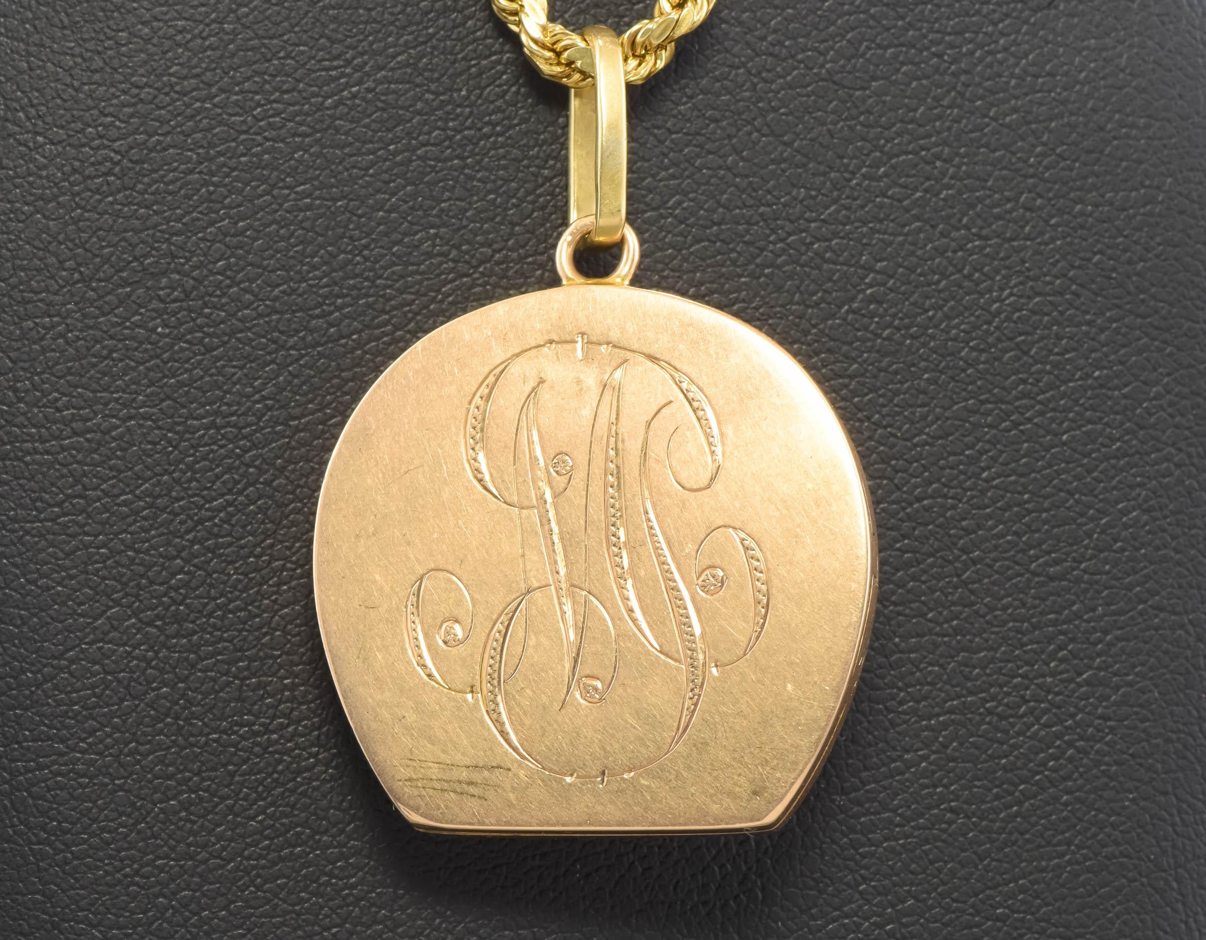 Women's or Men's Art Nouveau Equestrian Horse 14K Gold Diamond Horseshoe Locket on Chain