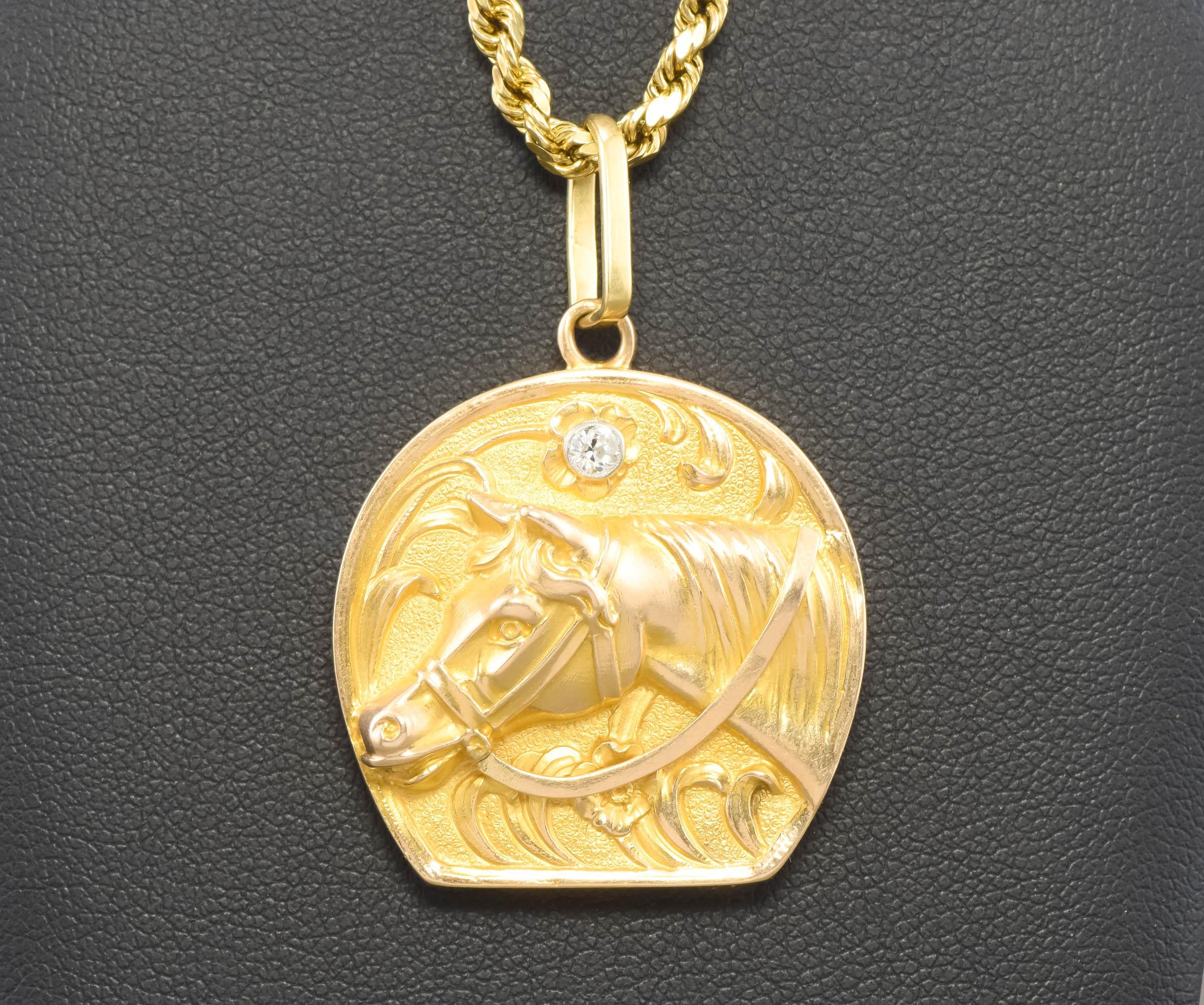 Art Nouveau Equestrian Horse 14K Gold Diamond Horseshoe Locket on Chain 1
