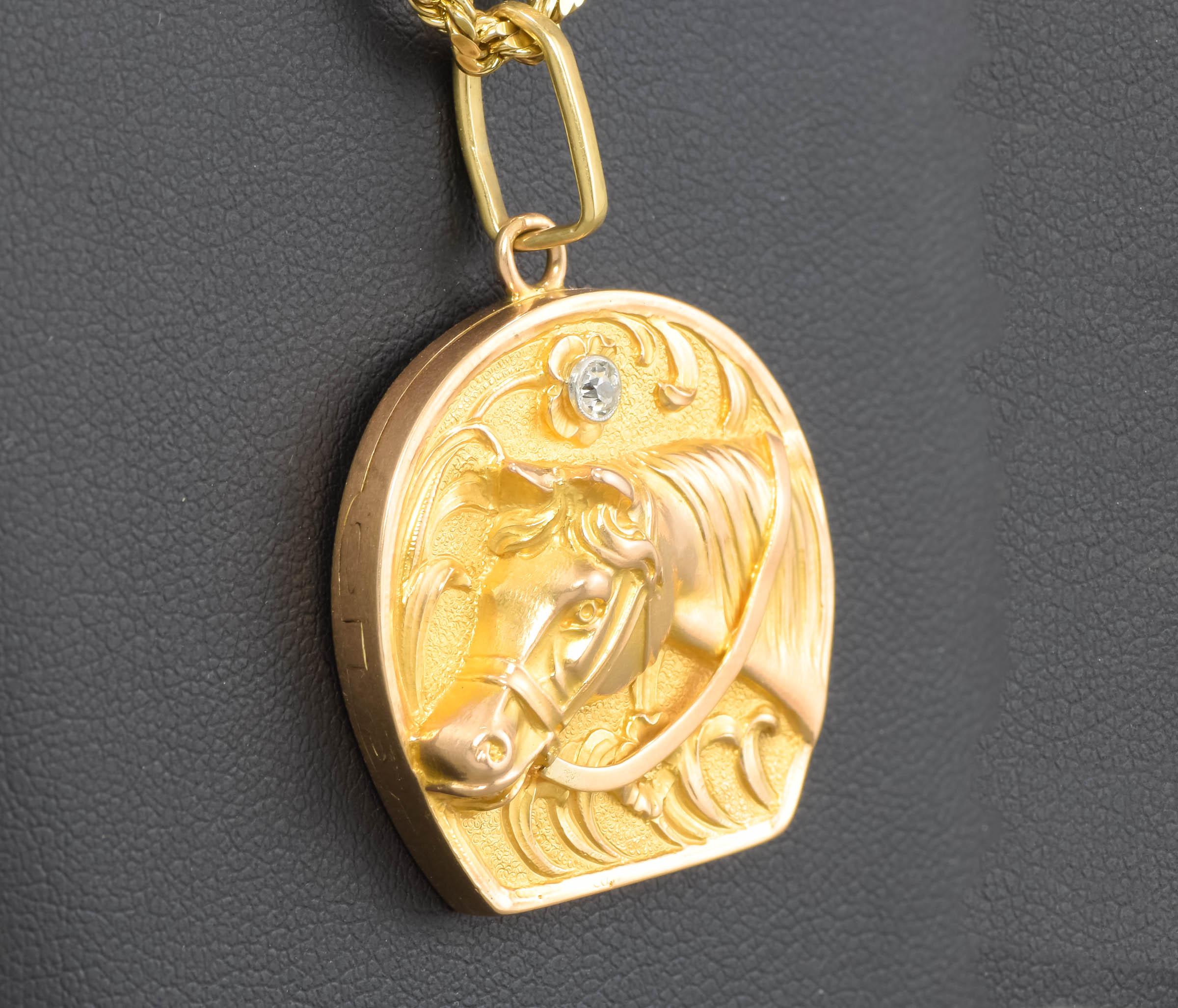 Art Nouveau Equestrian Horse 14K Gold Diamond Horseshoe Locket on Chain 2