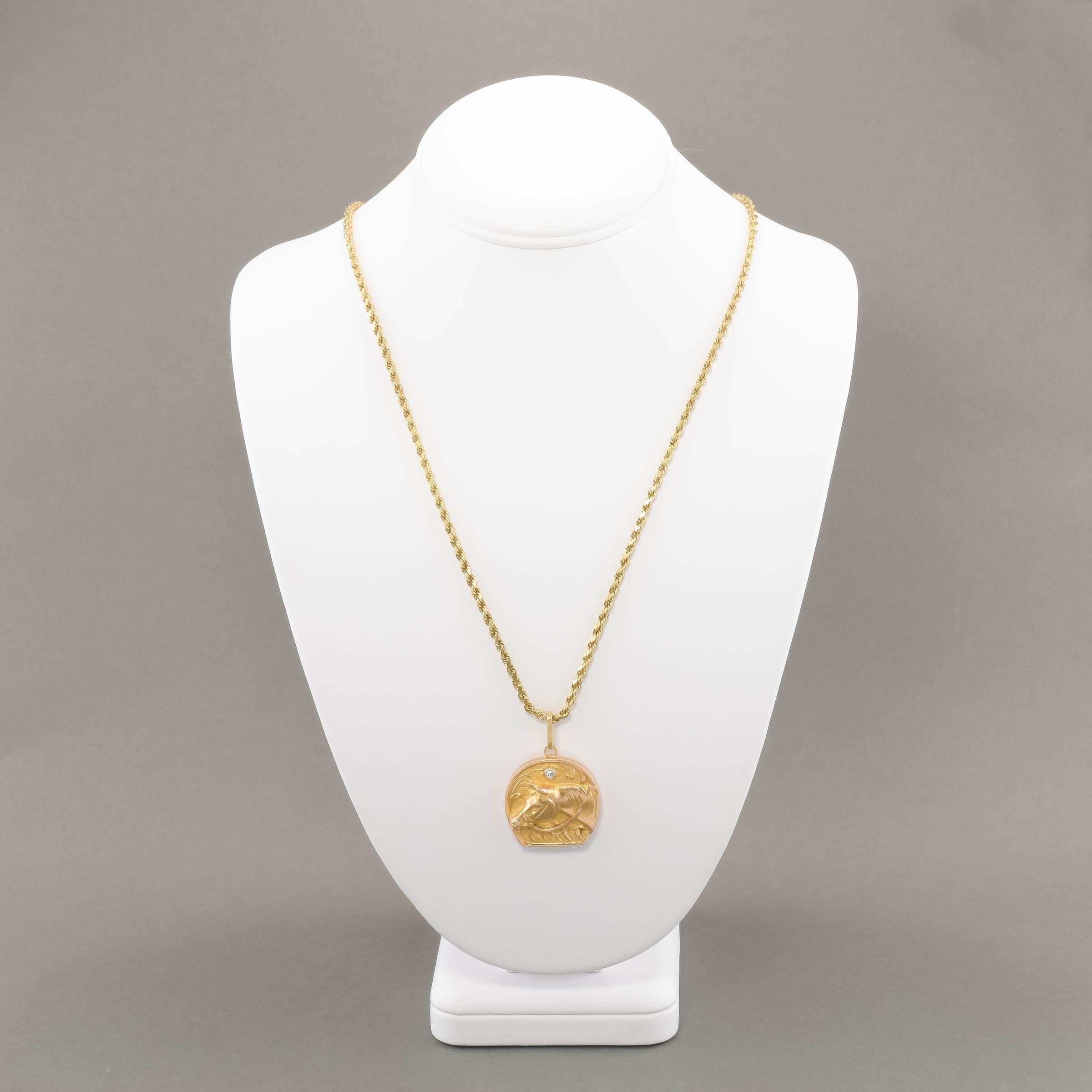 Jugendstil Reiterpferd 14K Gold Diamant Hufeisen-Medaillon an Kette 3