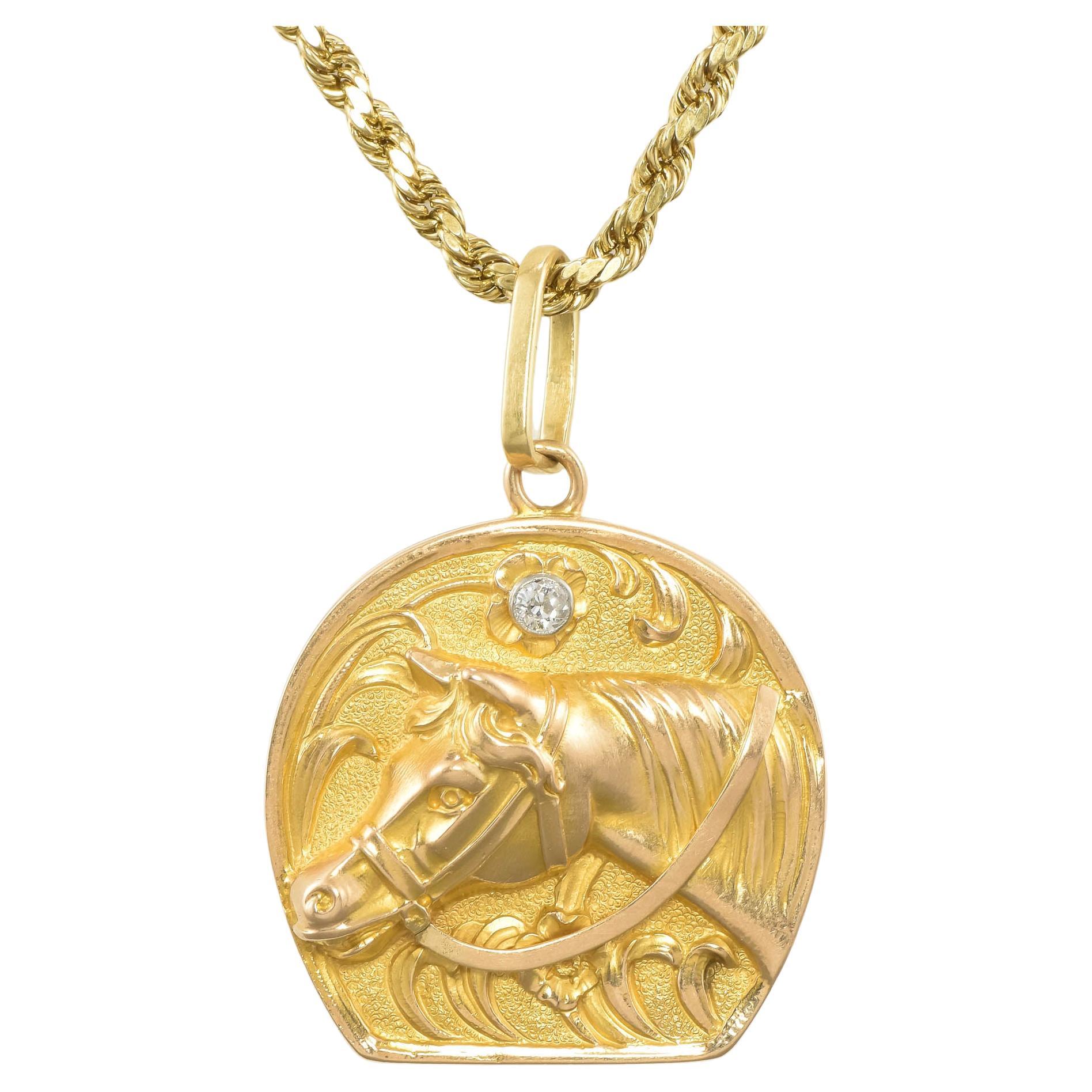 Art Nouveau Equestrian Horse 14K Gold Diamond Horseshoe Locket on Chain