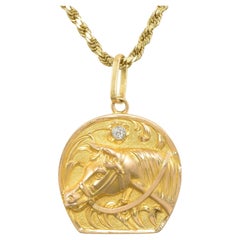 Art Nouveau Equestrian Horse 14K Gold Diamond Horseshoe Locket on Chain