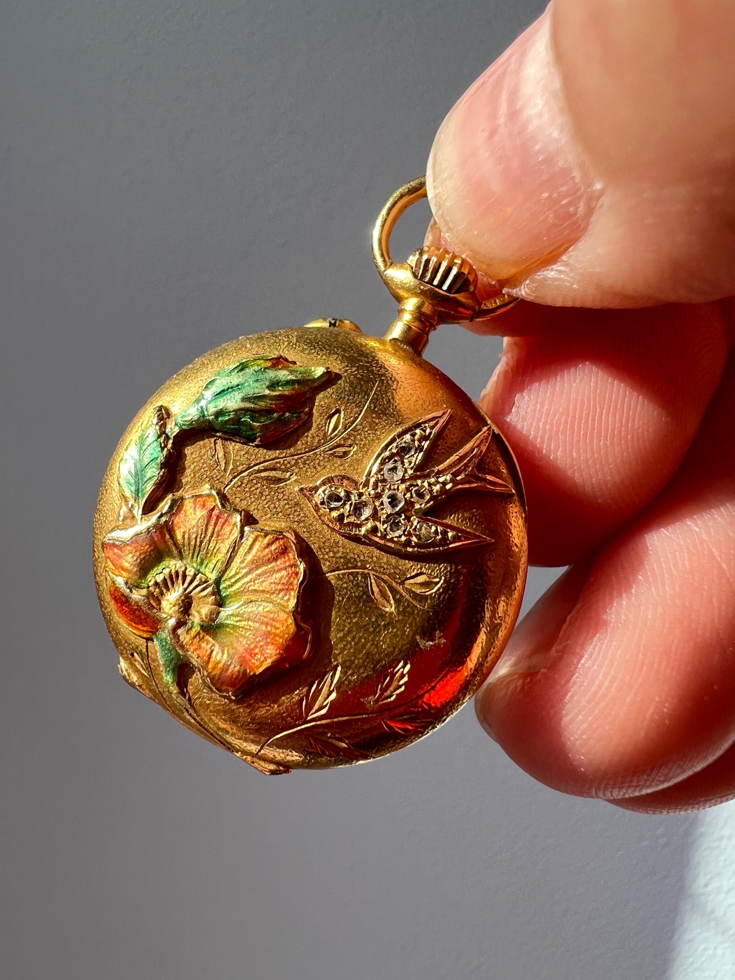 Rose Cut Art Nouveau era 18K gold diamond swallow lily flower pocket watch pendant