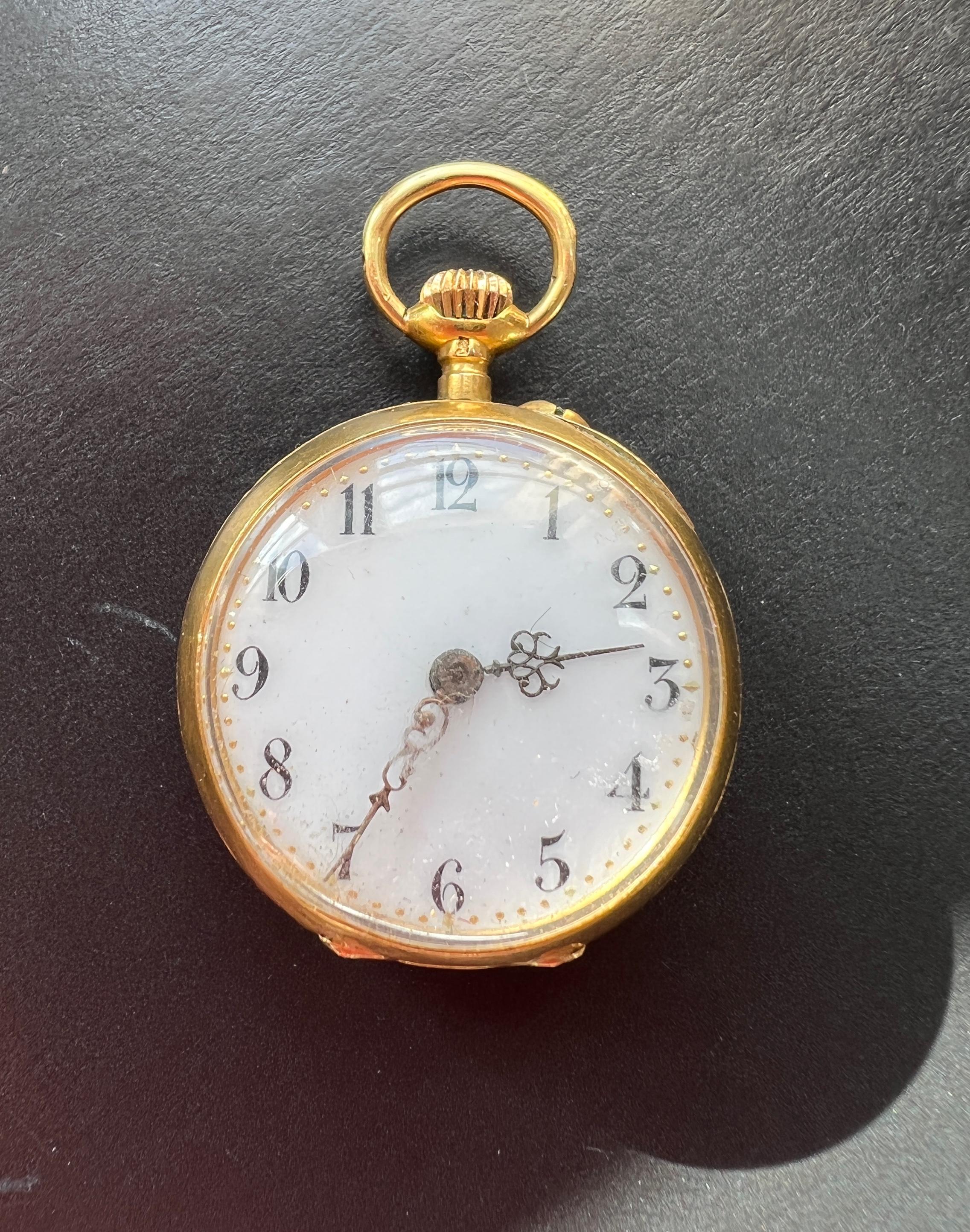 Pendentif pour montre de poche en or 18 carats, diamant, fleur de lys, hirondelle, époque Art nouveau. 2