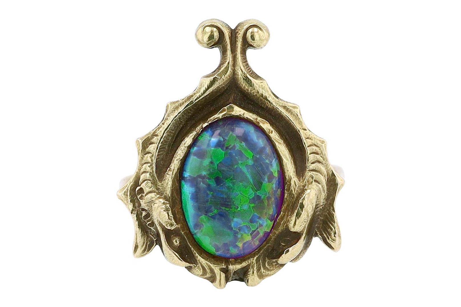 Art Nouveau Era 18kt. Gold & Harlequin Black Opal Ring In Good Condition For Sale In Santa Barbara, CA