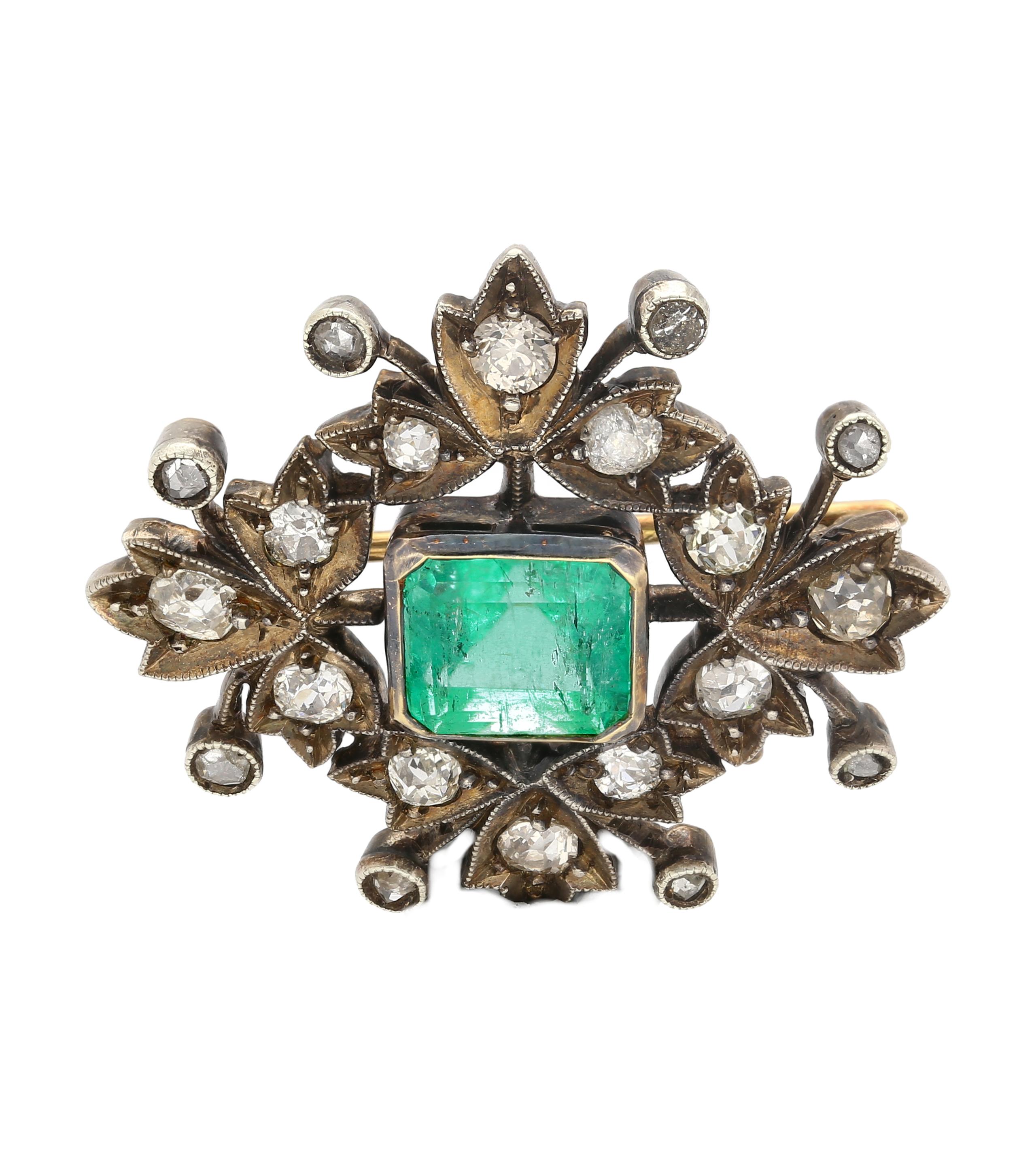 Victorian-Era Brosche 3,12 Karat No Oil kolumbianischen Smaragd & Diamant Brosche Pin (Art nouveau) im Angebot
