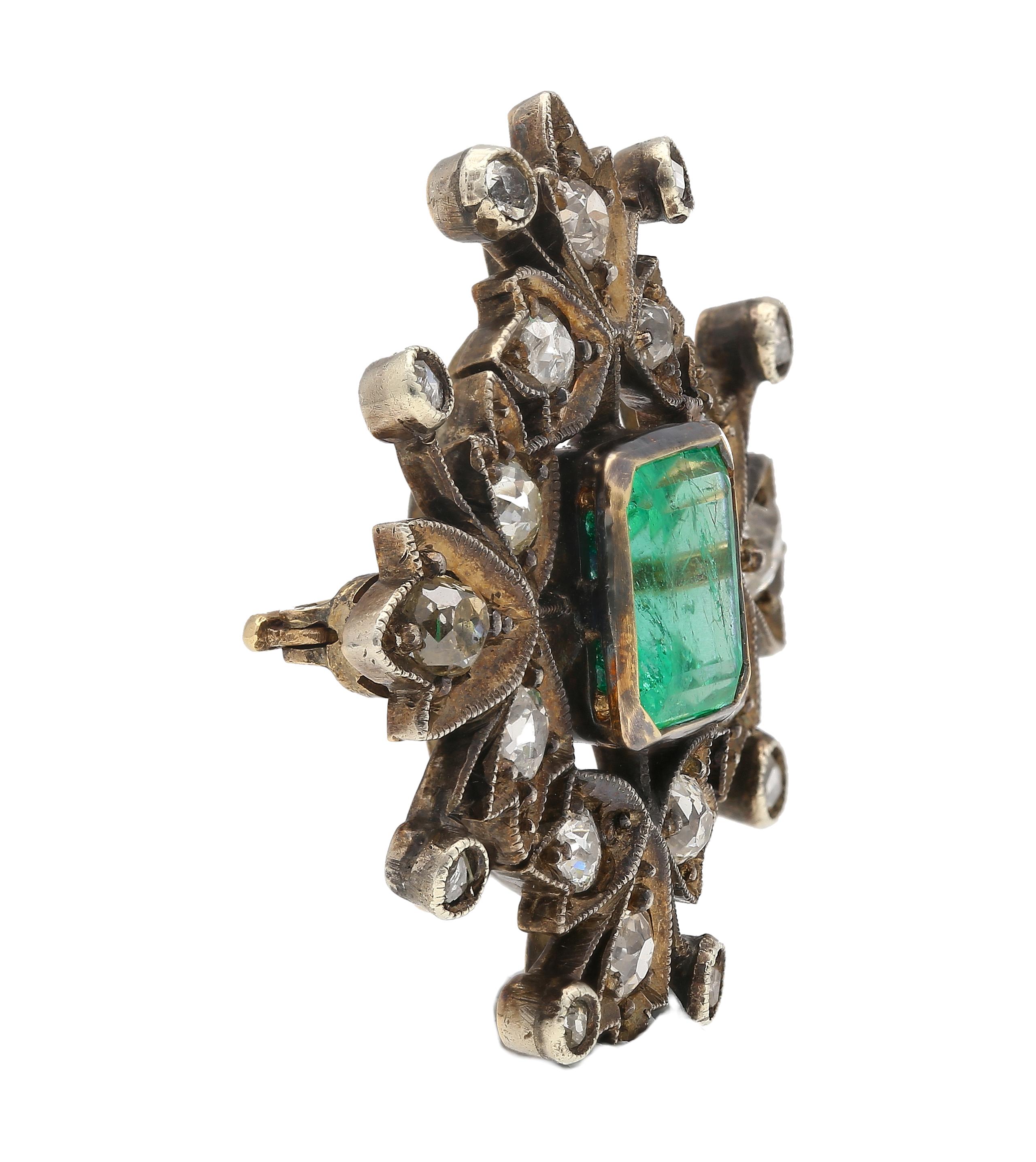 Emerald Cut Victorian-Era Brooch 3.12 Carat No Oil Colombian Emerald & Diamond Brooch Pin For Sale