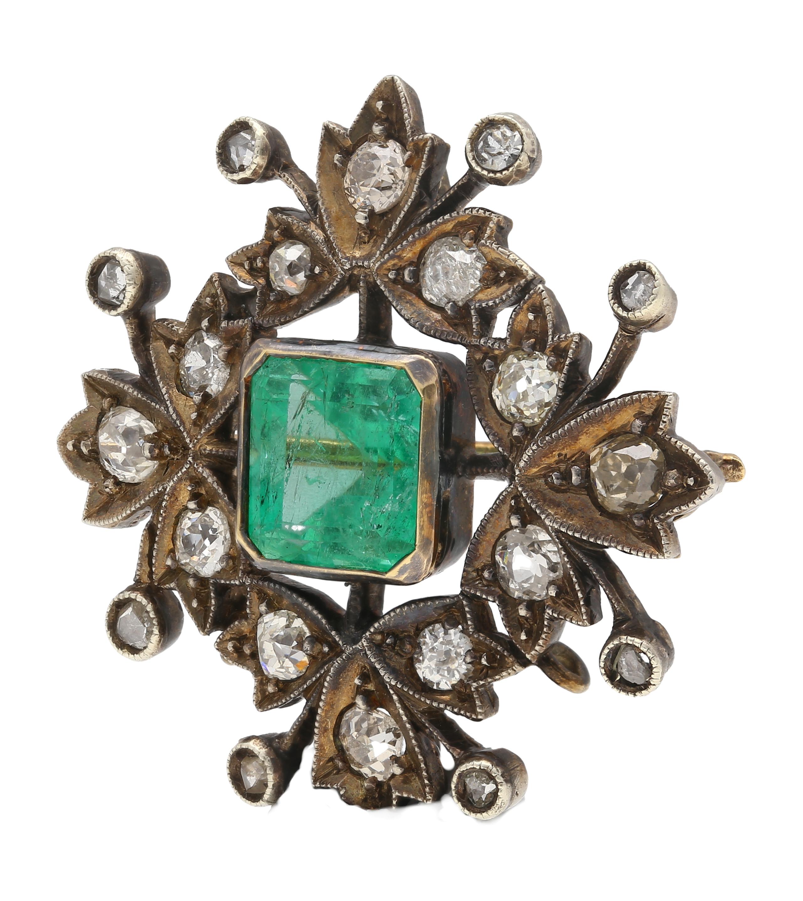 Victorian-Era Brooch 3.12 Carat No Oil Colombian Emerald & Diamond Brooch Pin In Good Condition For Sale In Miami, FL