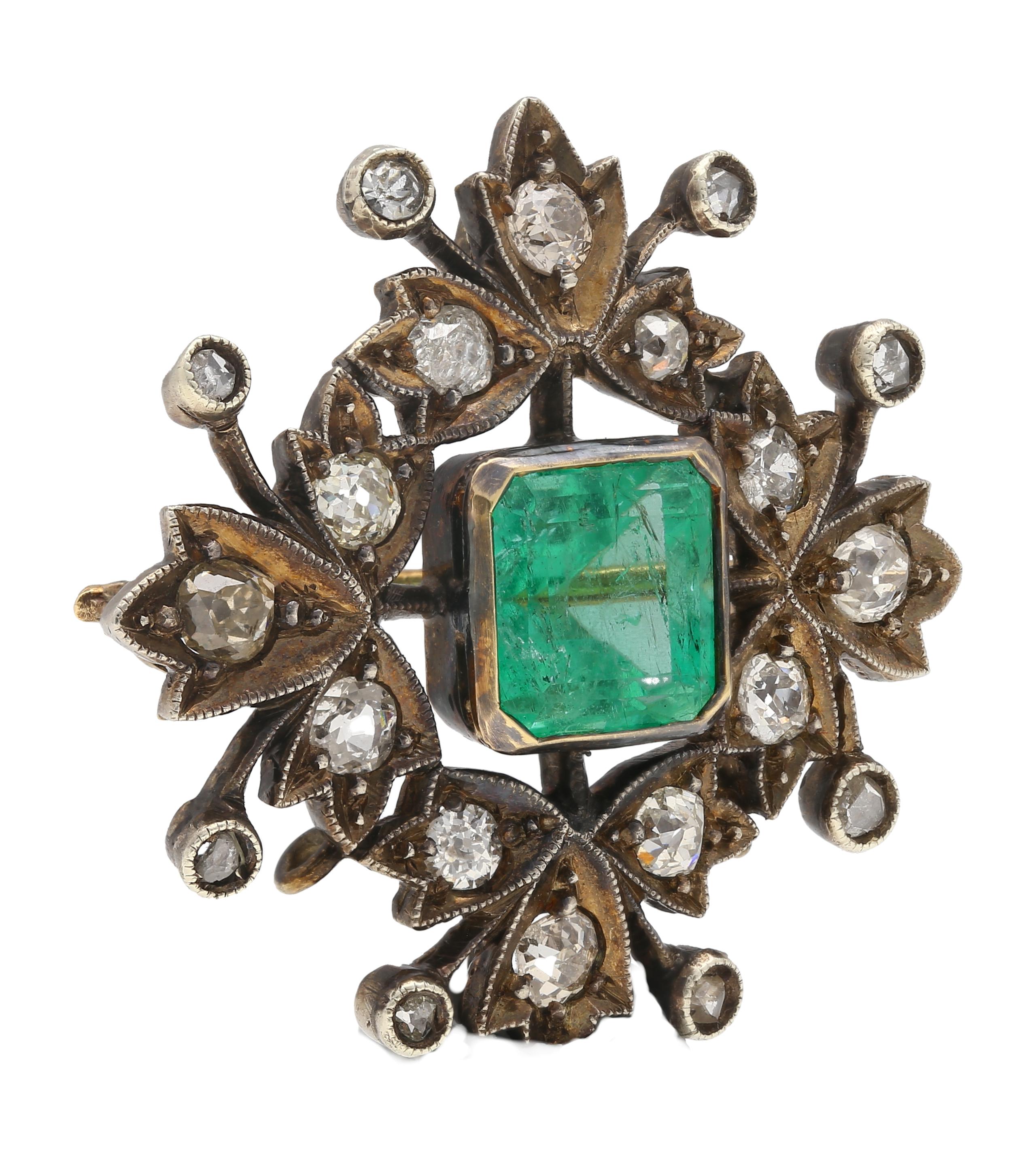 Victorian-Era Brosche 3,12 Karat No Oil kolumbianischen Smaragd & Diamant Brosche Pin Damen im Angebot