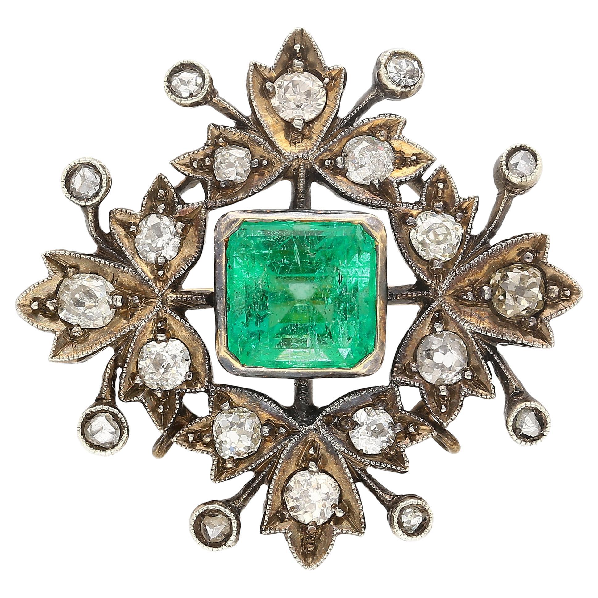 Victorian-Era Brooch 3.12 Carat No Oil Colombian Emerald & Diamond Brooch Pin