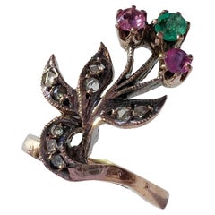 Antique Art Nouveau era 9K gold diamond ruby emerald flower ring