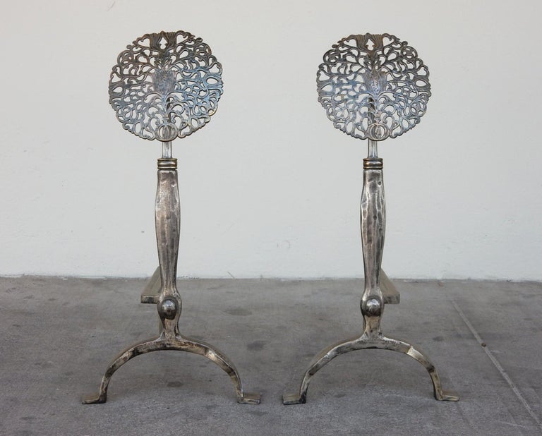 Art Nouveau Era Botanical Medallion Andirons For Sale at 1stDibs