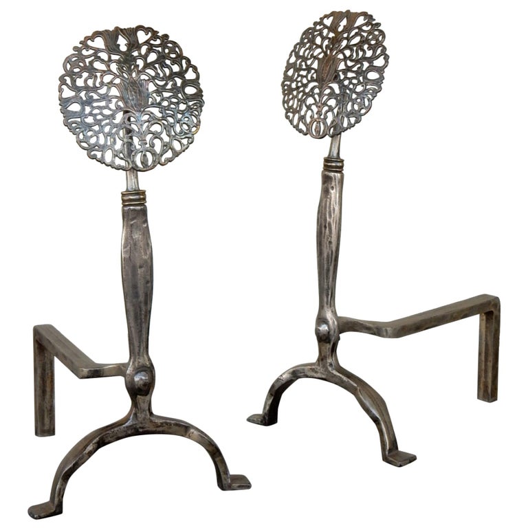 Art Nouveau Era Botanical Medallion Andirons For Sale at 1stDibs