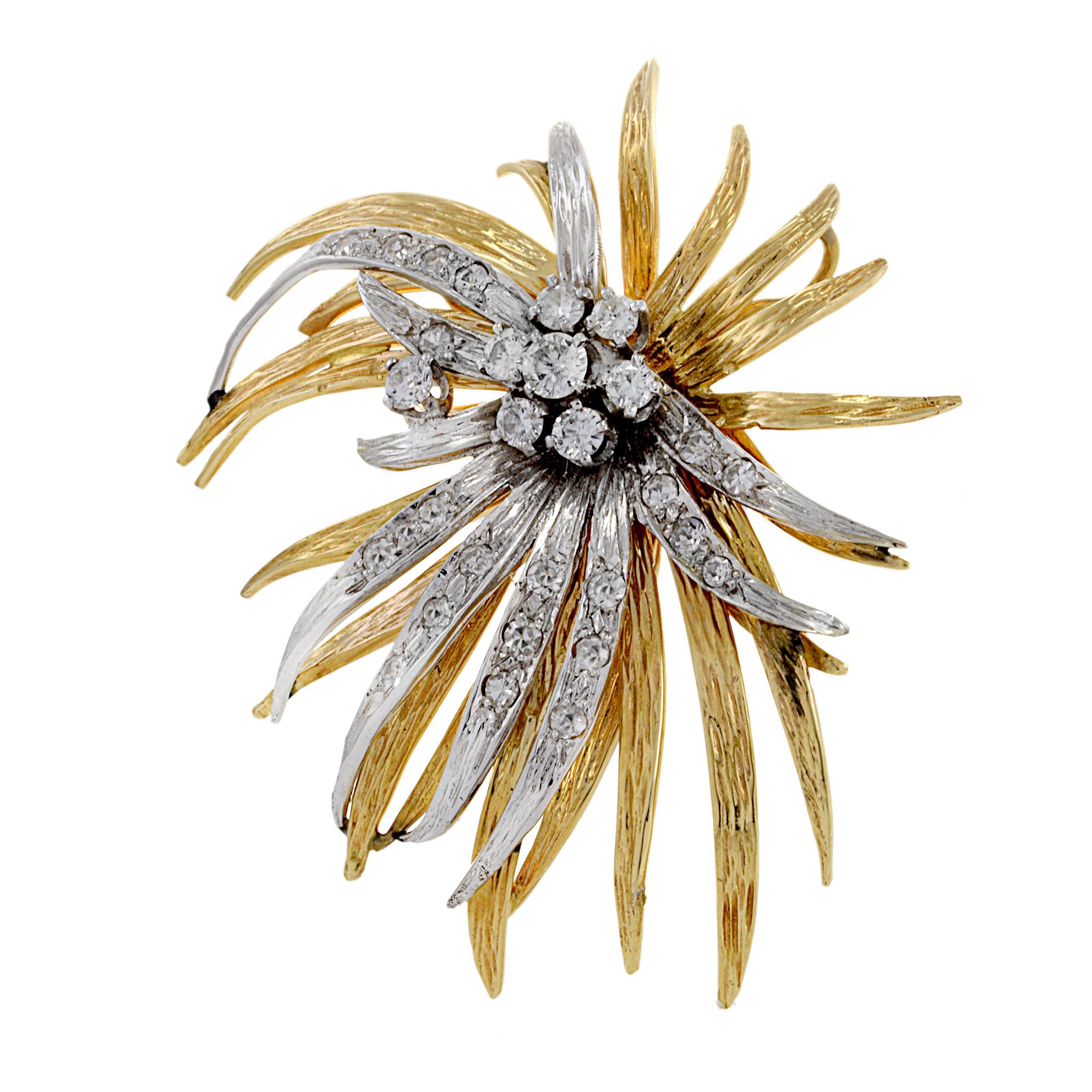 With a stunning 2.00CT of old European and single cut round diamonds, this brooch is a dazzling representation of the elegant art nouveau era. Made from luxurious platinum and 14KT yellow gold, this brooch exudes sophistication and class. A