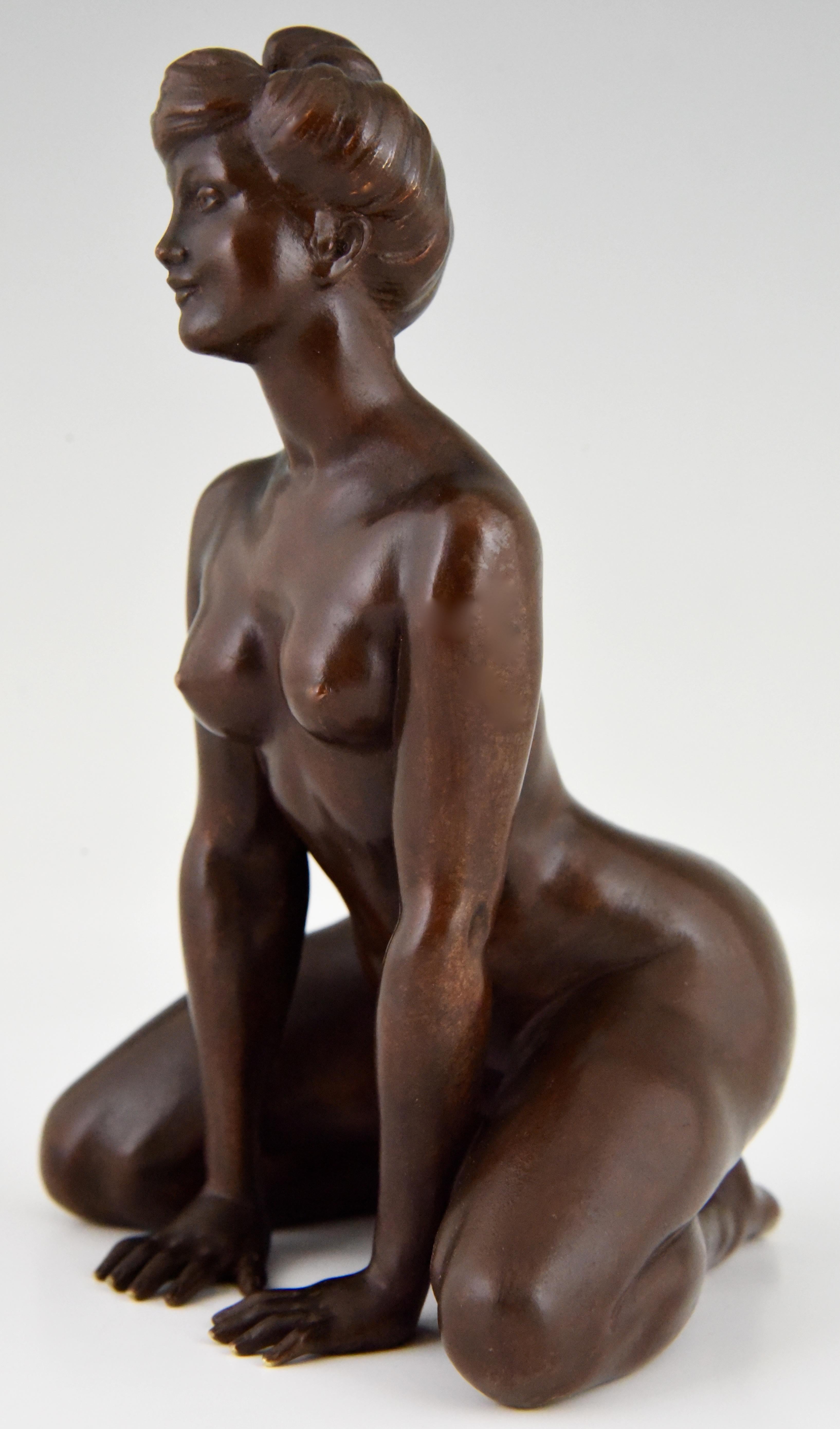 Beautiful erotic Art Nouveau bronze of a kneeling nude by the famous French artist Louis Chalon, circa 1900.

Louis Chalon, born in Paris, France in 1866.
Literature:
“Dynamic Beauty “ by the Macklowe Gallery. 