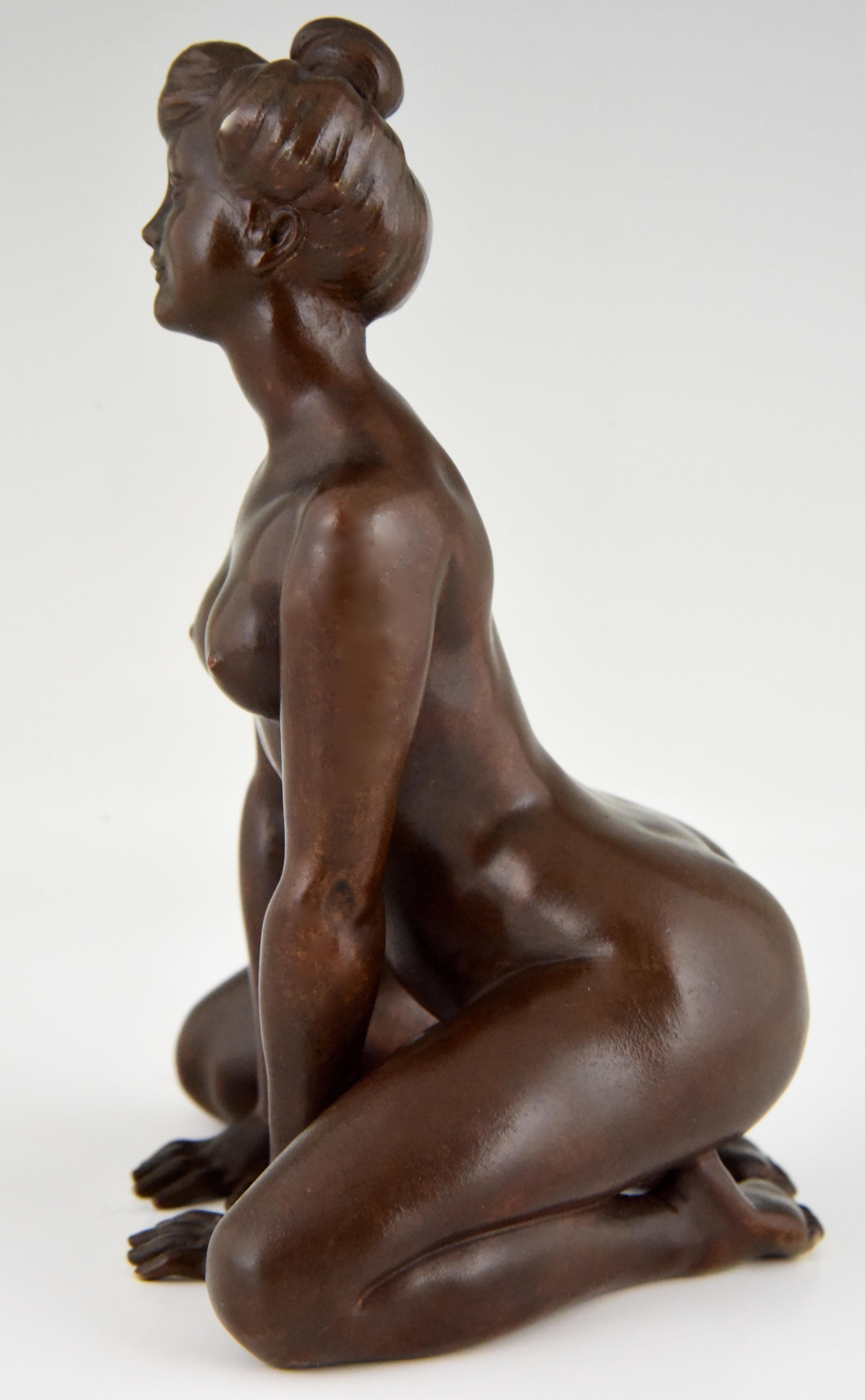 French Art Nouveau Erotic Bronze Sculpture of a Kneeling Nude Louis Chalon France 1900