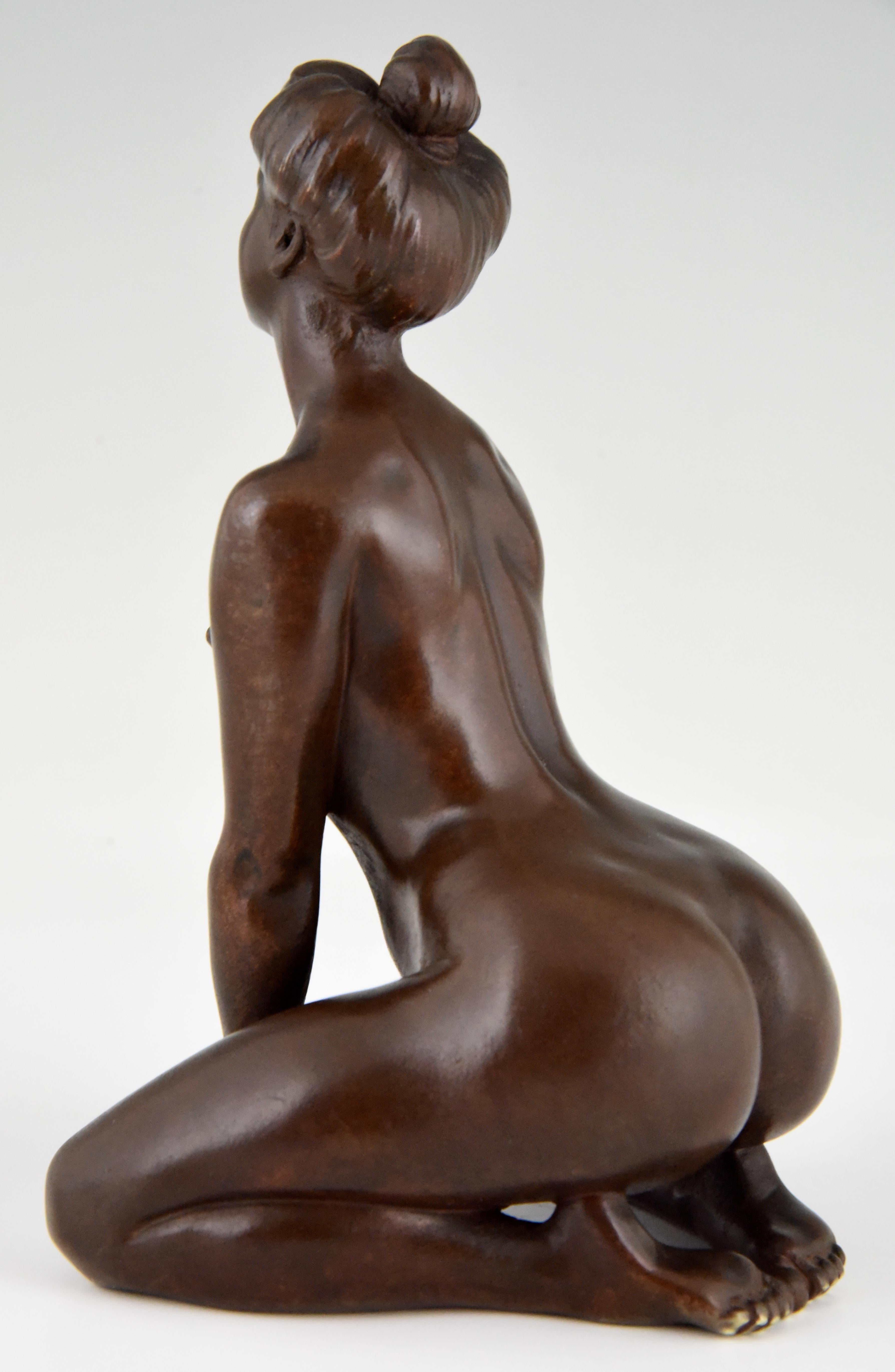 Patinated Art Nouveau Erotic Bronze Sculpture of a Kneeling Nude Louis Chalon France 1900