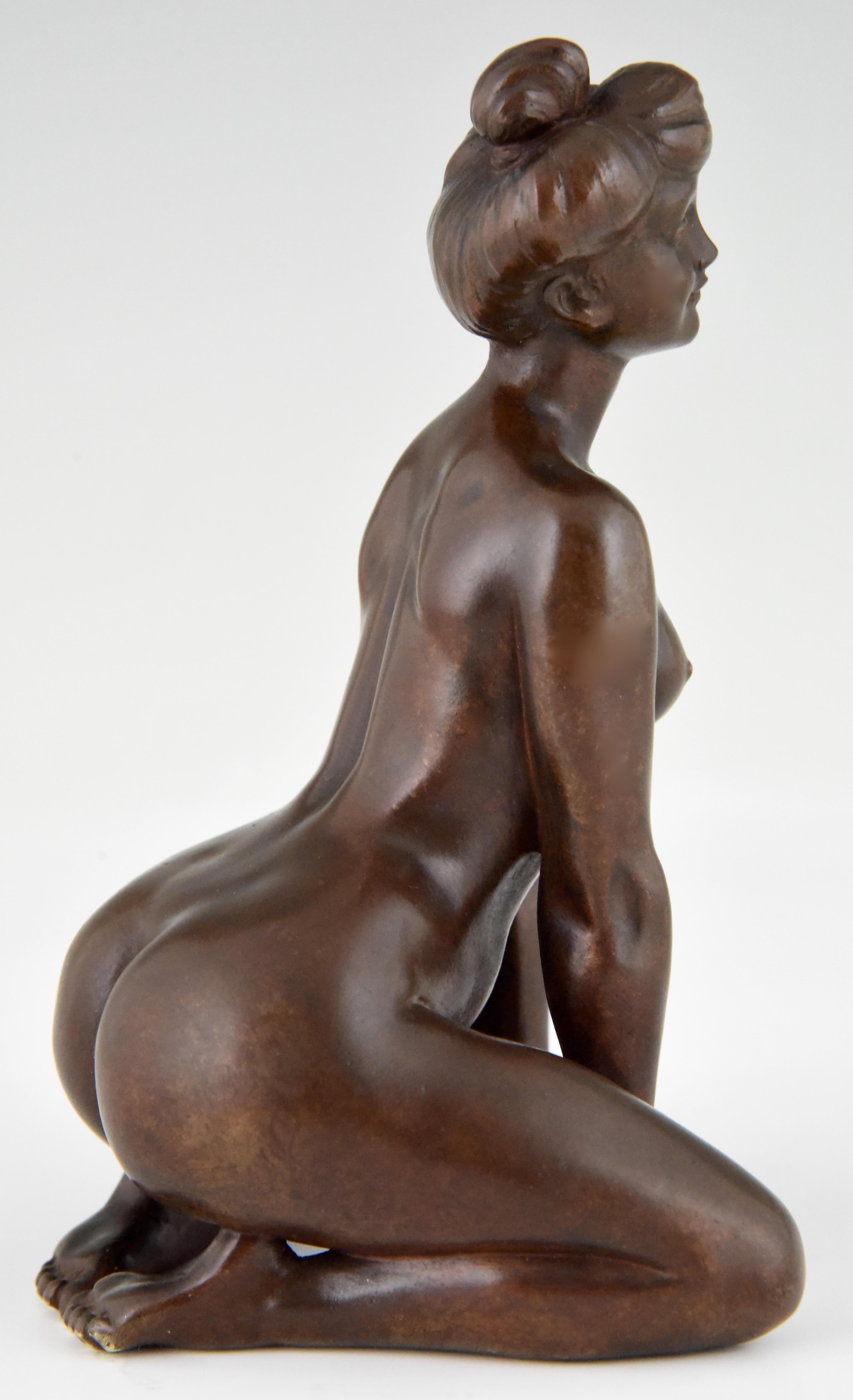 20th Century Art Nouveau Erotic Bronze Sculpture of a Kneeling Nude Louis Chalon France 1900