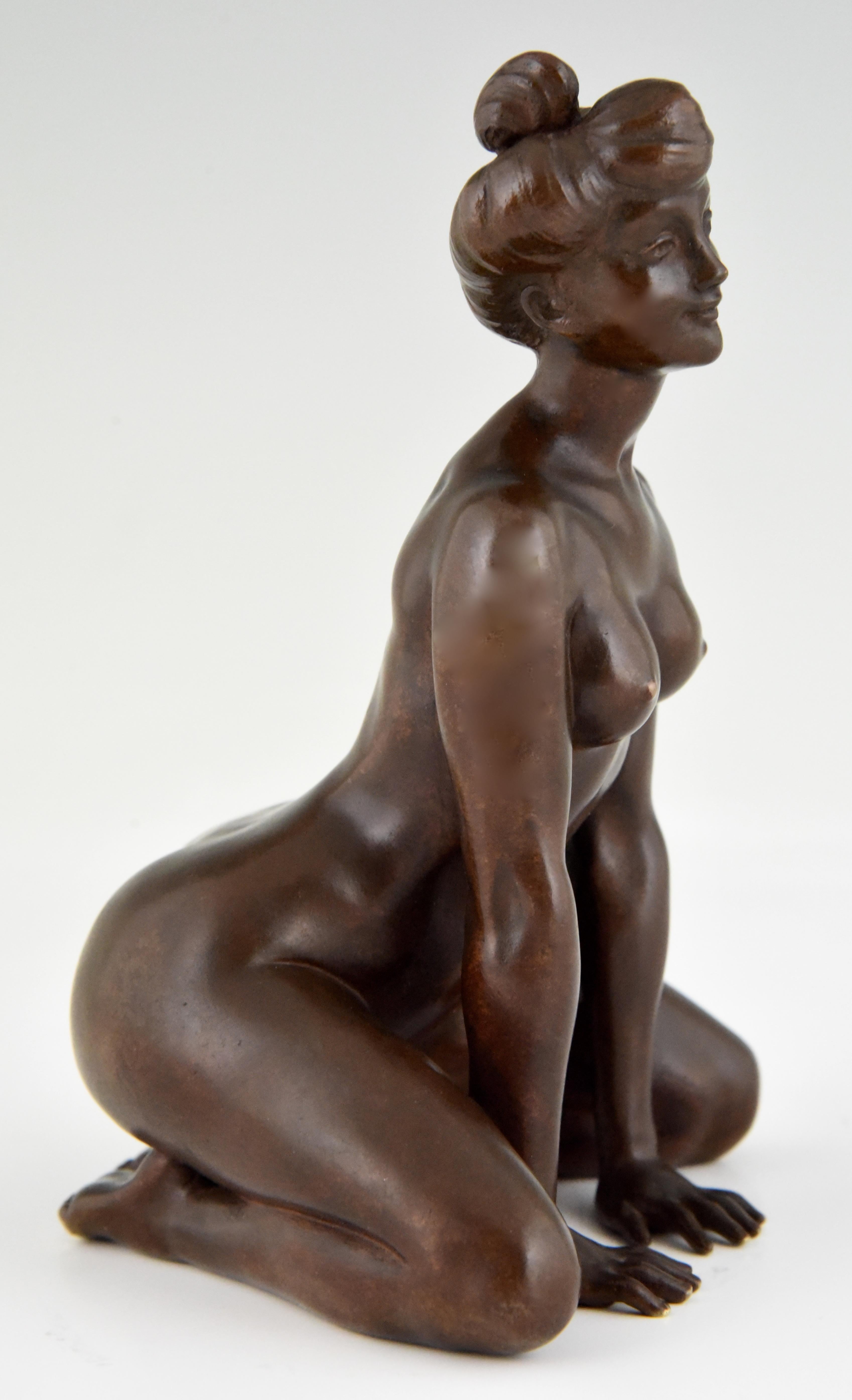 Art Nouveau Erotic Bronze Sculpture of a Kneeling Nude Louis Chalon France 1900 1