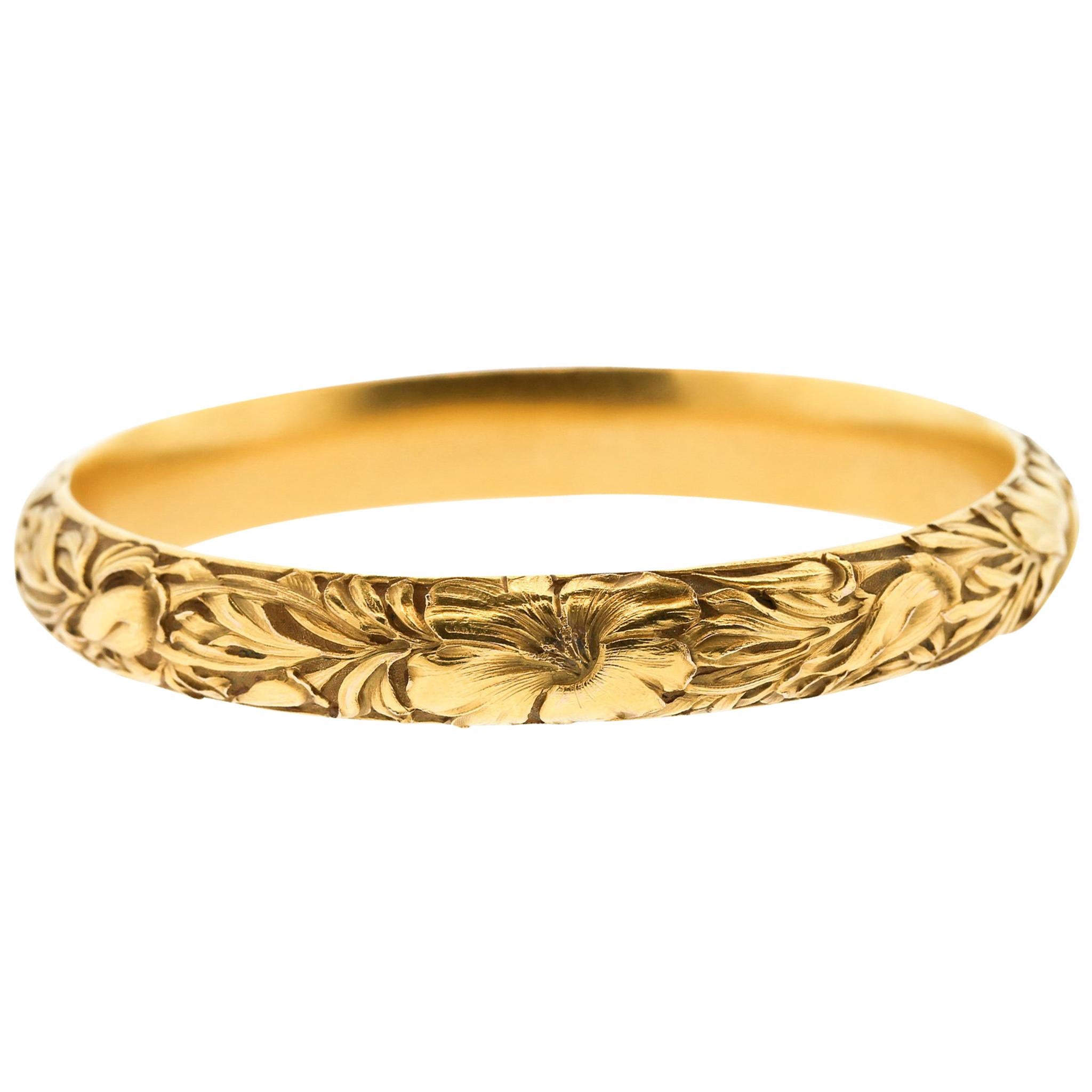 Art Nouveau Etched 14 Karat Gold Floral Bangle Bracelet by Shreve & Co.