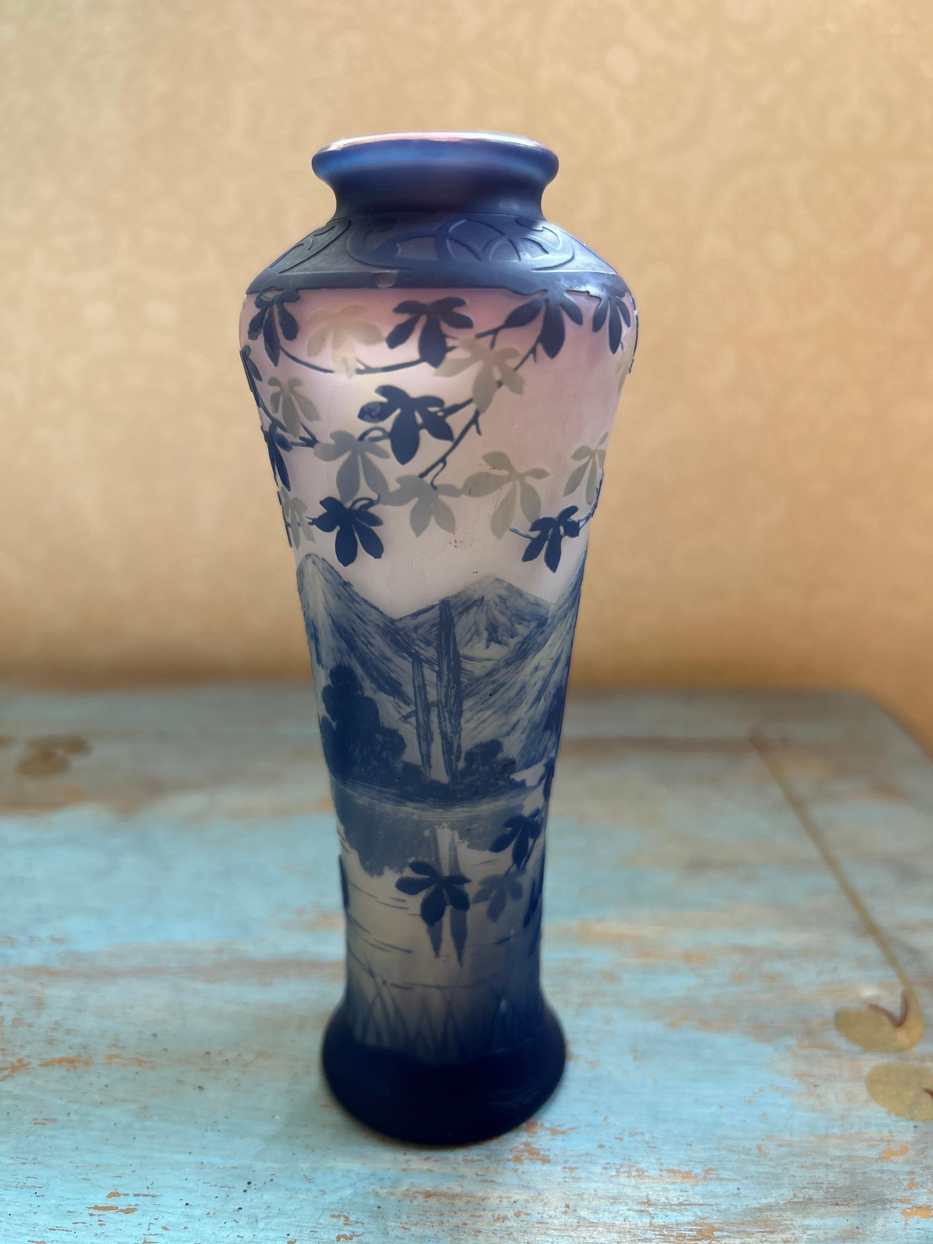 French Art Nouveau Etched Glass Cameo Vase signed Devez For Sale
