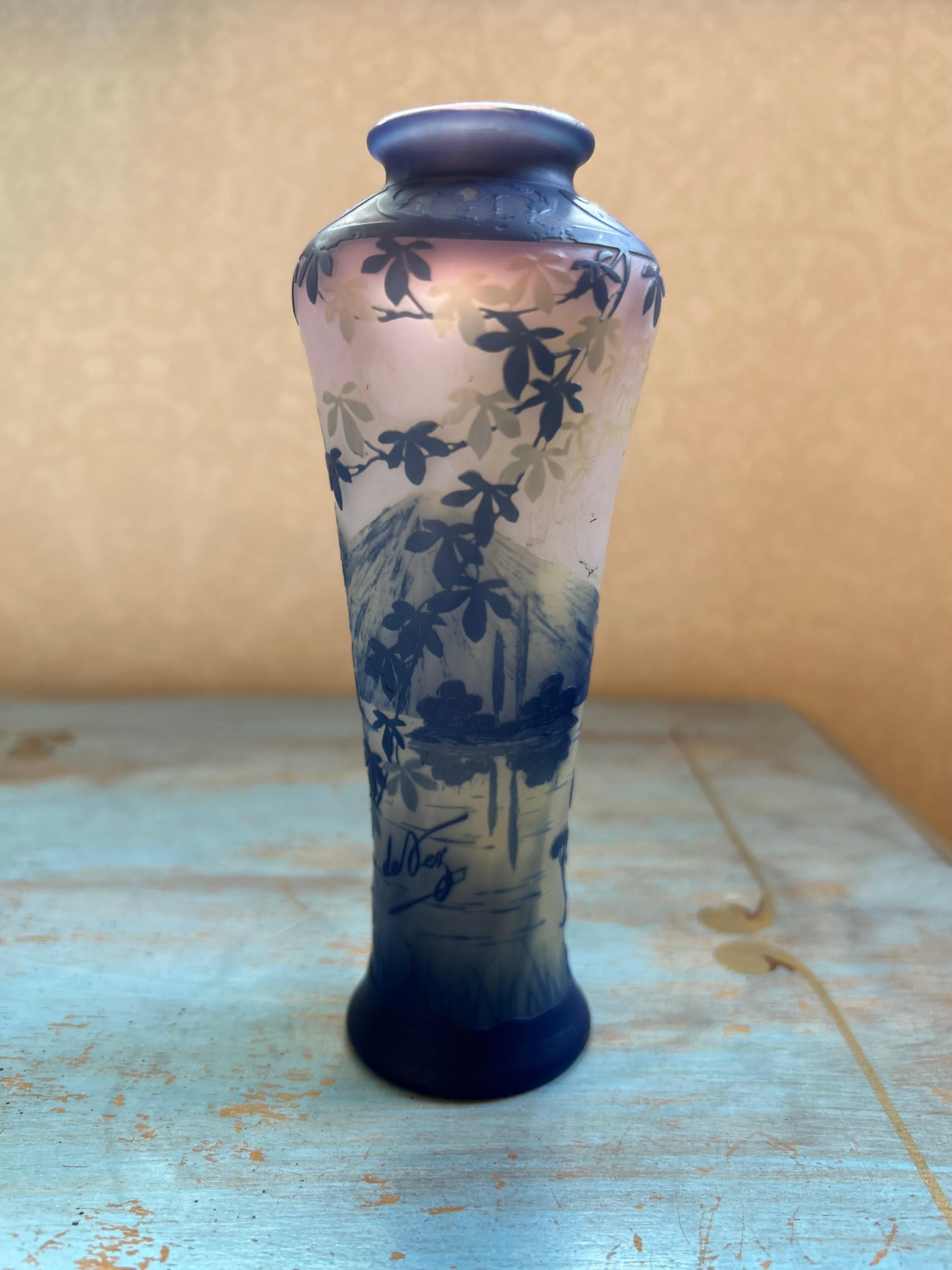 Jugendstil Kamee-Vase aus geätztem Glas signiert Devez (Radiert) im Angebot