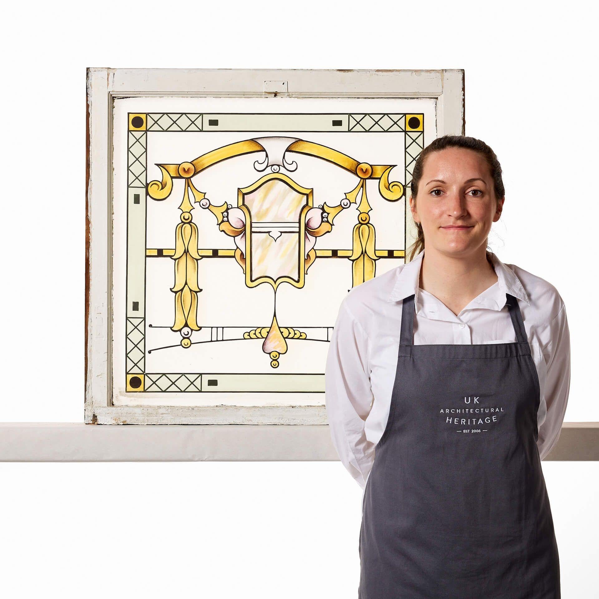 An early 20th century stained glass window, beautifully etched with Art Nouveau style details.

This is just one of ten similar windows we have for sale. While it will look stunning on its own as a feature window, it could be paired with one or more