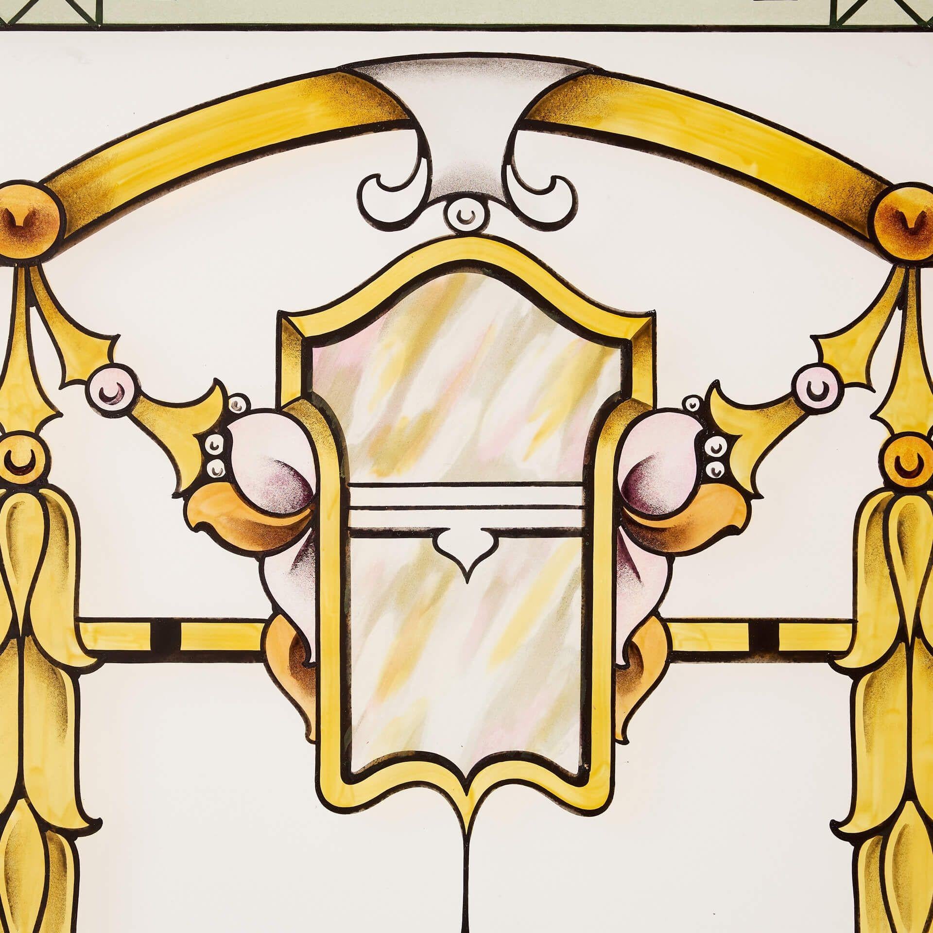 English Art Nouveau Etched & Stained Glass Window For Sale