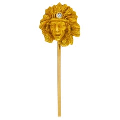 Art Nouveau European Cut Diamond 14 Karat Gold Native American Chief Stickpin