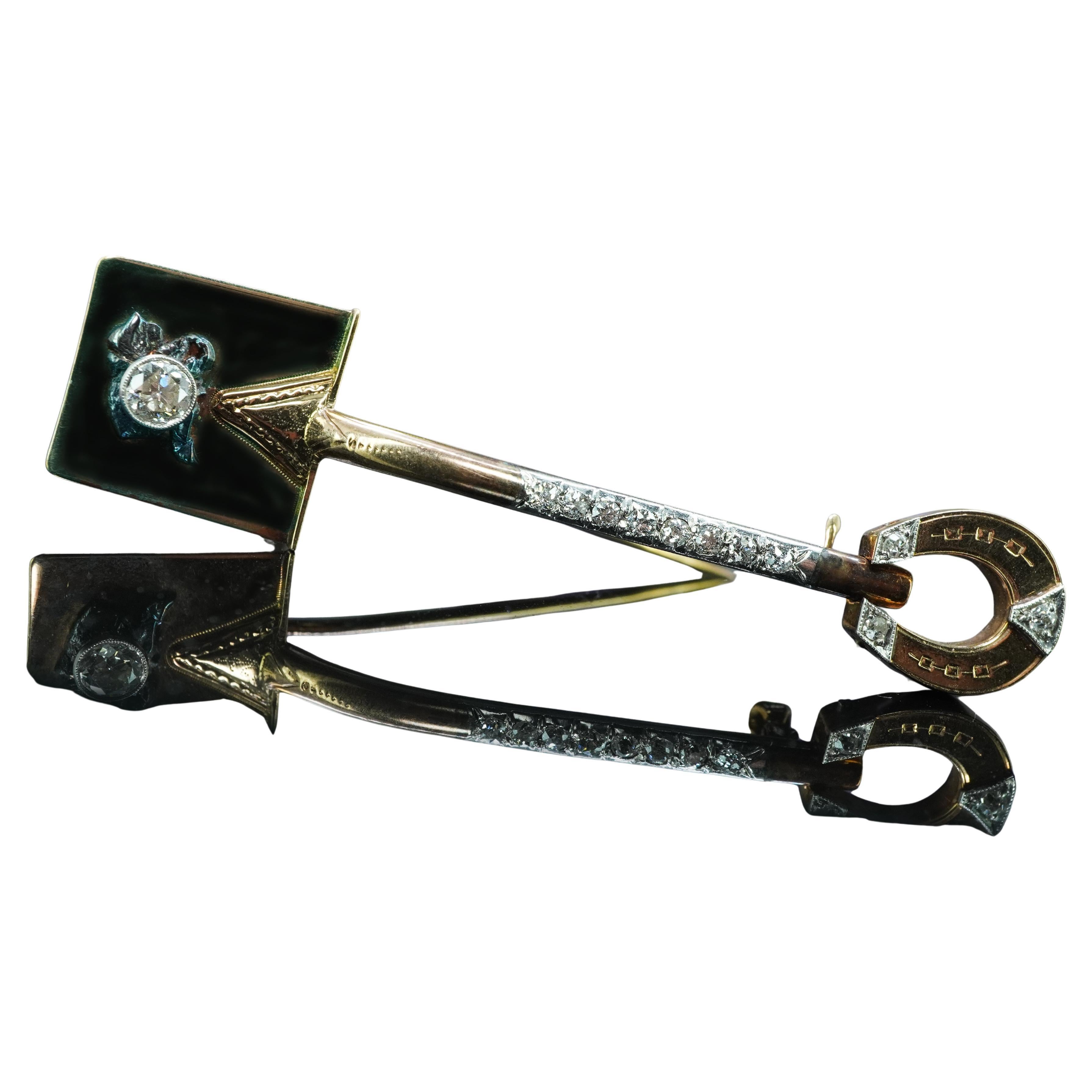 Spilla Art Nouveau europea con diamante California Gold Rush Prospector Shovel 14K