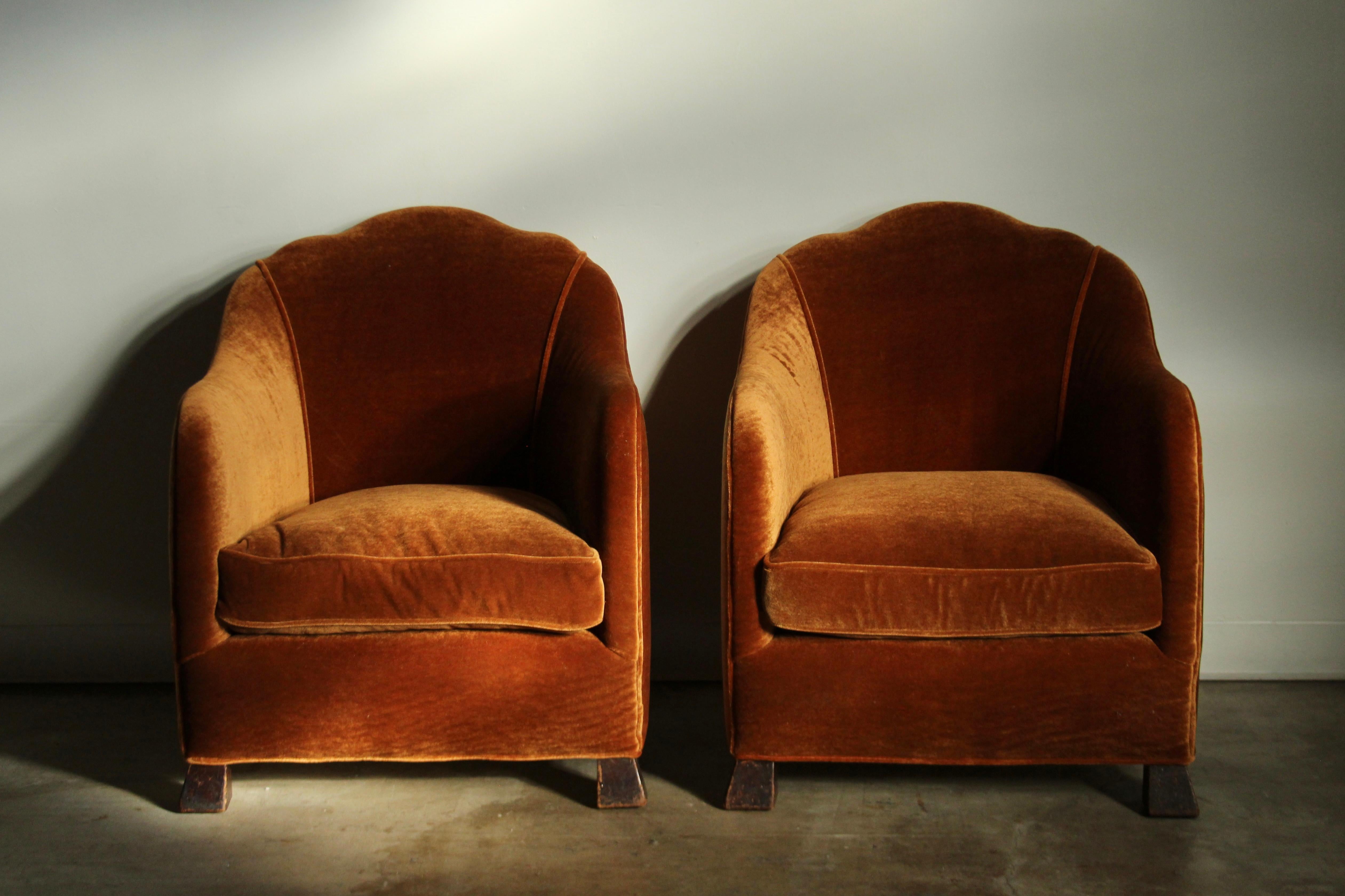 French Art Nouveau European Fireside Chairs in Mohair, Early 1900s