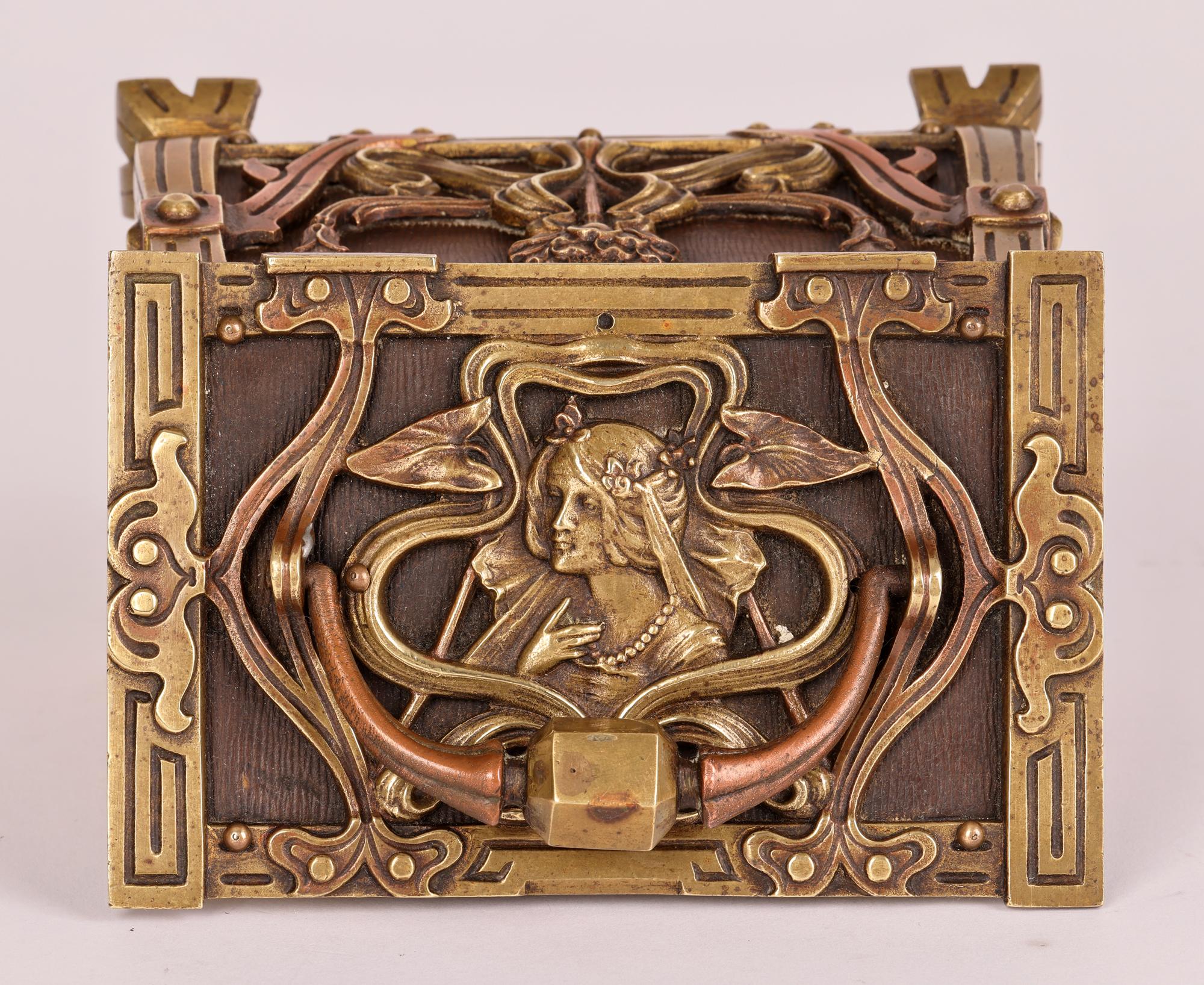 Austrian Art Nouveau Exceptional Continental Lidded Brass Casket with Maiden For Sale
