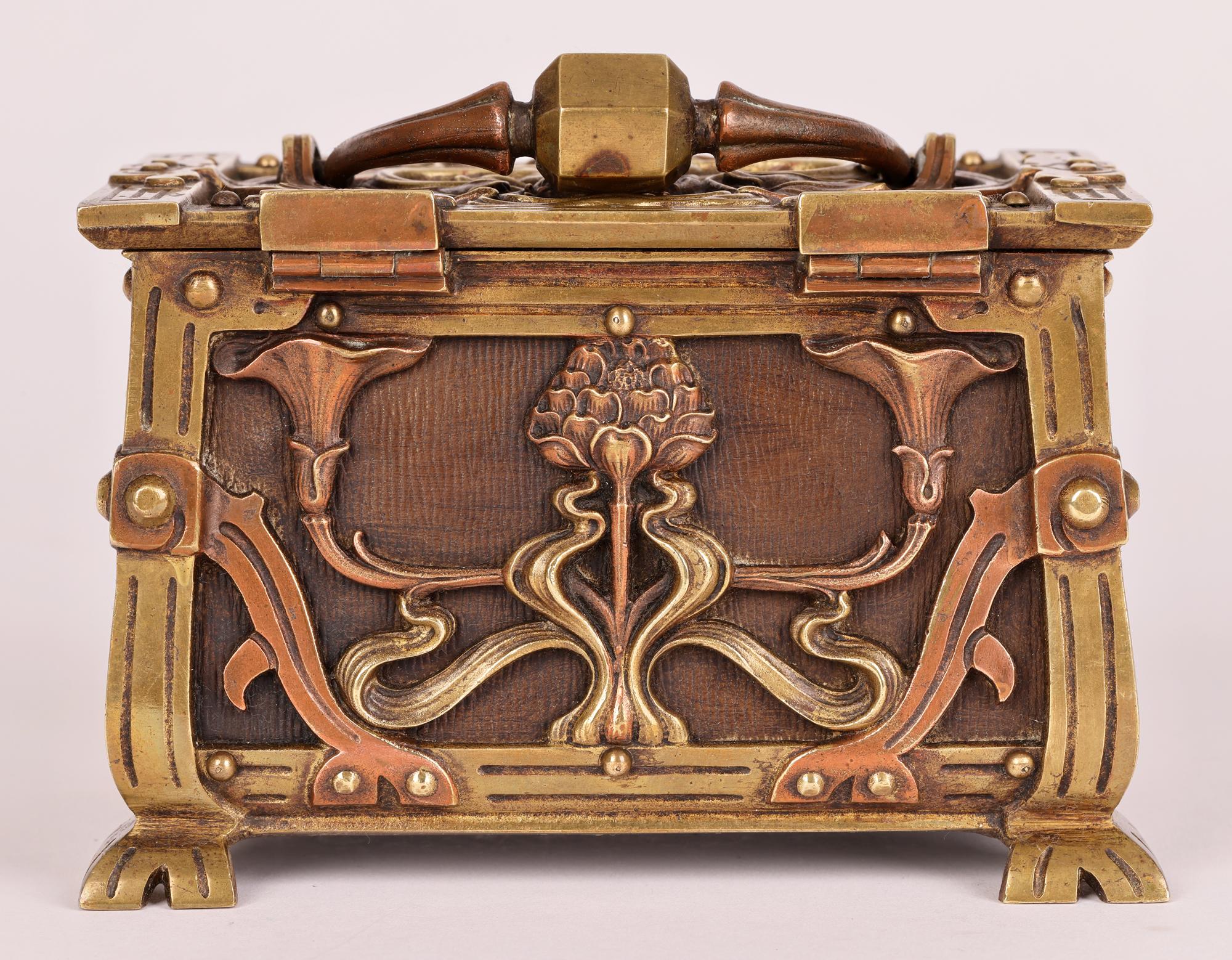 Hand-Crafted Art Nouveau Exceptional Continental Lidded Brass Casket with Maiden For Sale