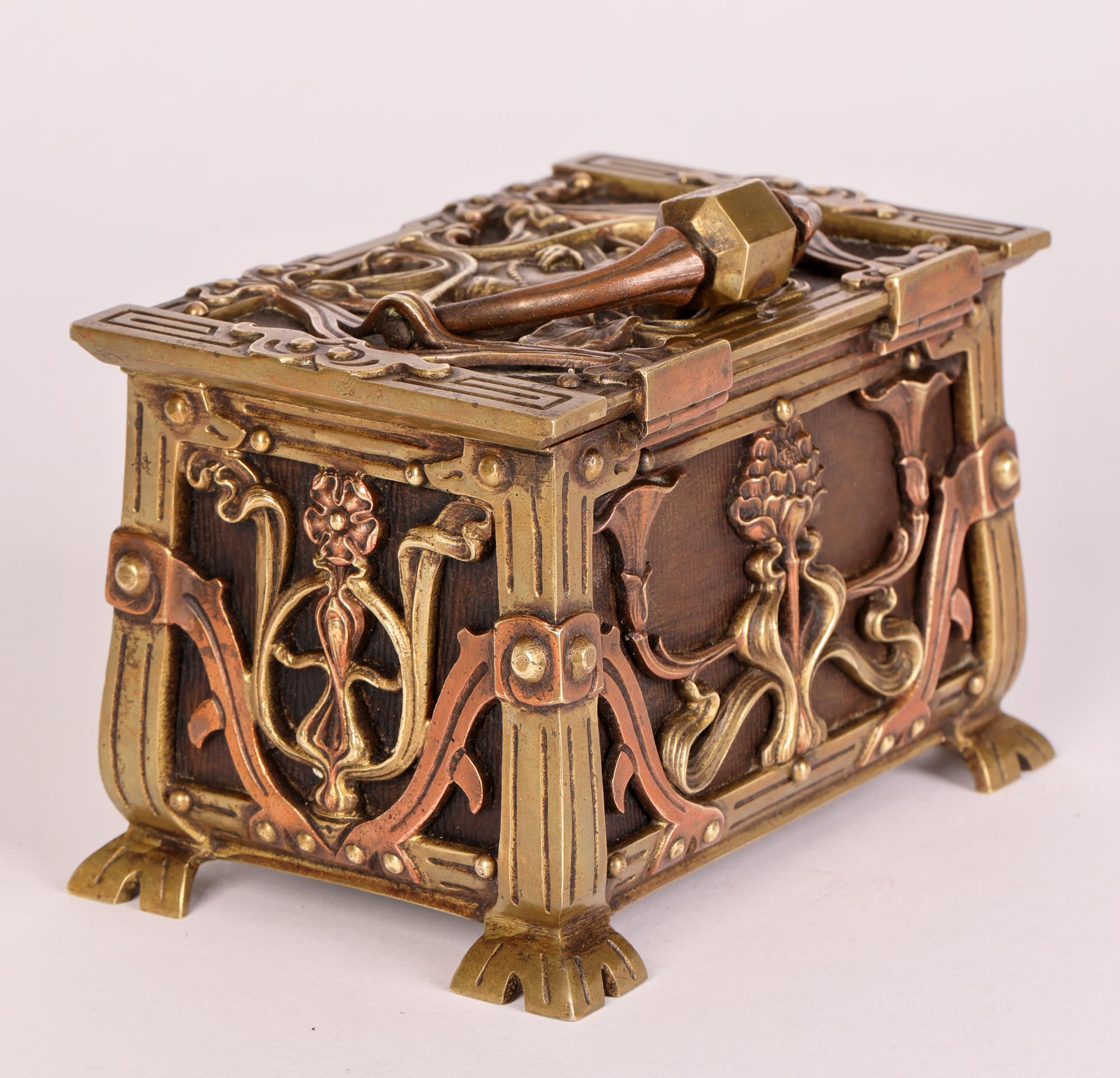 Early 20th Century Art Nouveau Exceptional Continental Lidded Brass Casket with Maiden For Sale
