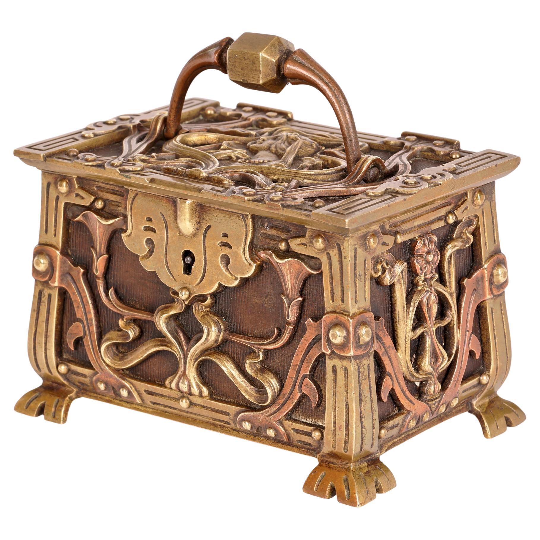 Art Nouveau Exceptional Continental Lidded Brass Casket with Maiden