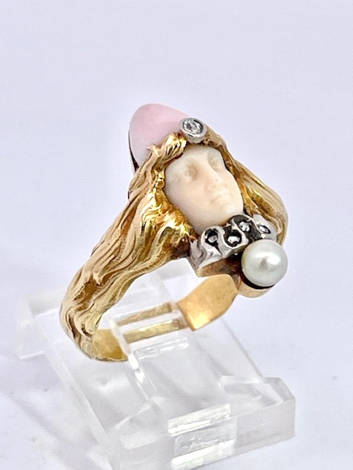 Art Nouveau extremely rare Carved Portrait of a Lady Flowing Hair Ring For Sale 6