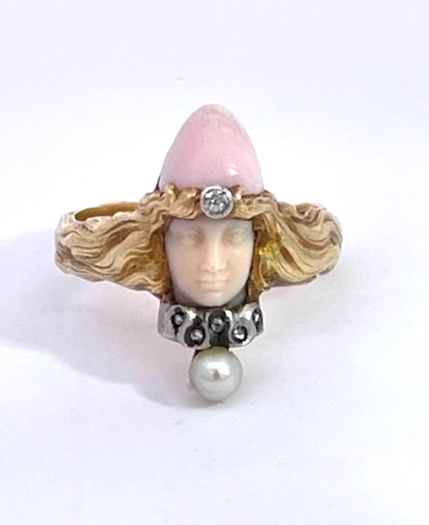 Art Nouveau extremely rare Carved Portrait of a Lady Flowing Hair Ring For Sale 7